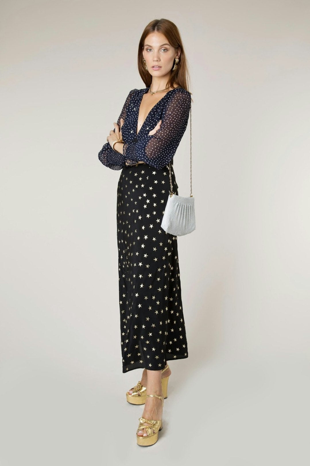 RIXO Women's Black Erin - Mixed Star Dot Maxi Dress