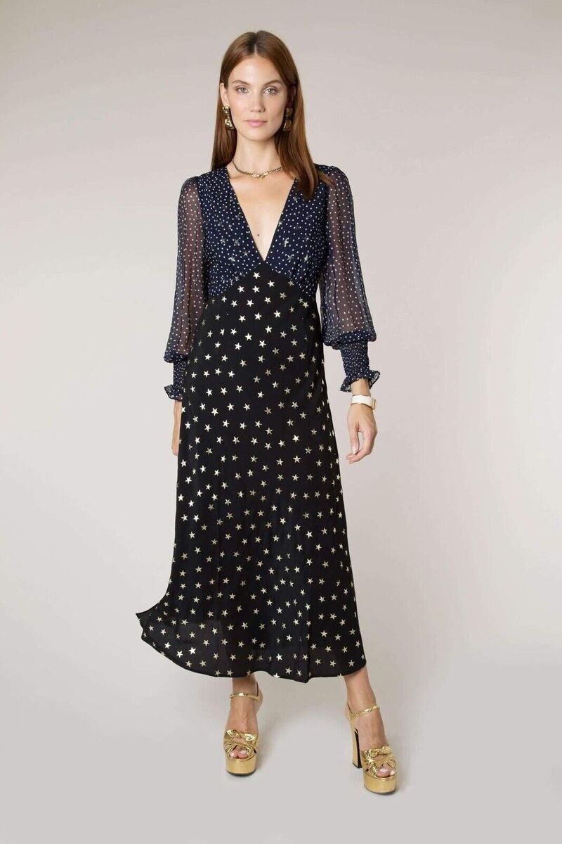 RIXO Women's Black Erin - Mixed Star Dot Maxi Dress