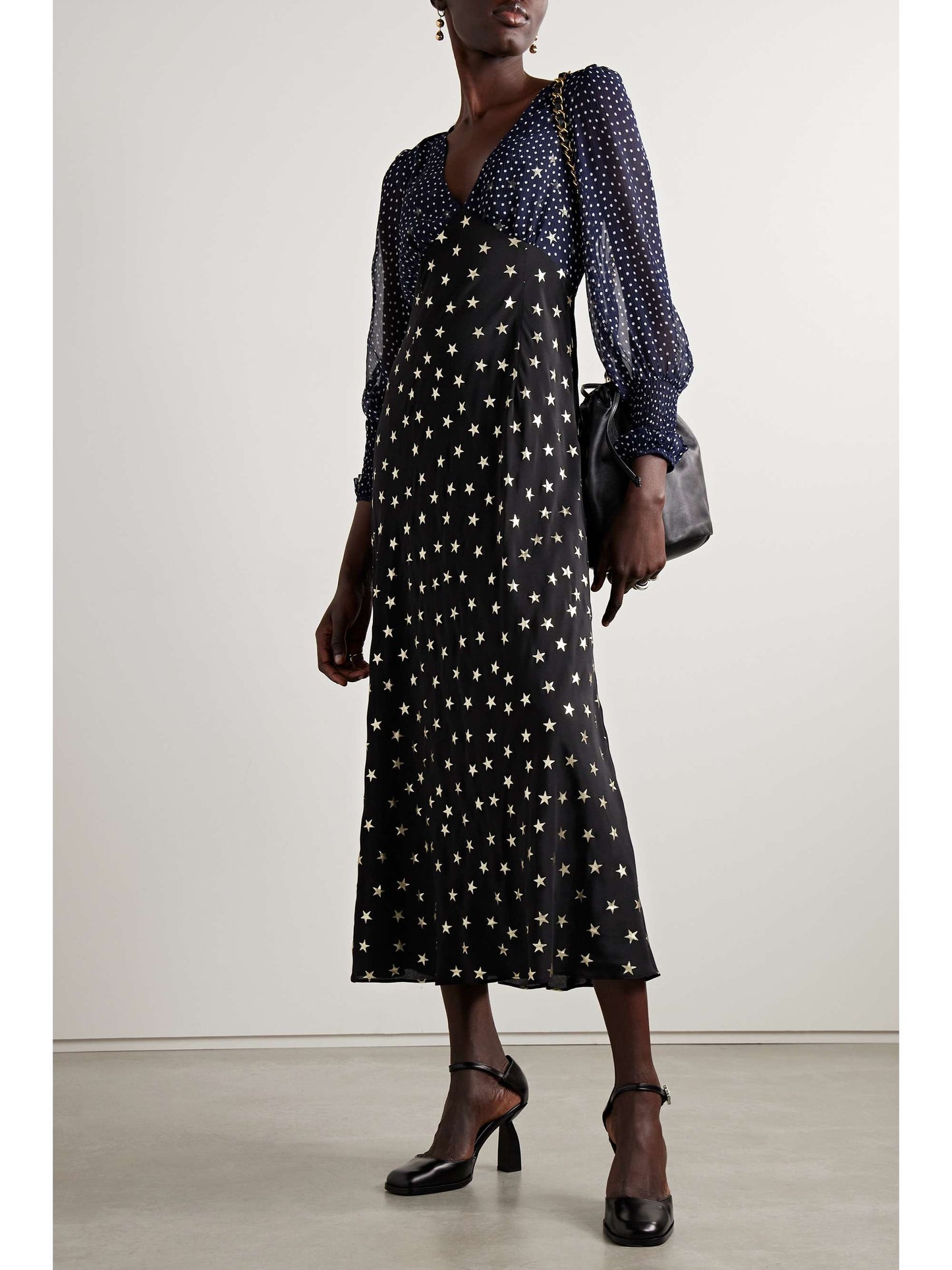 RIXO Women's Black Erin - Mixed Star Dot Maxi Dress