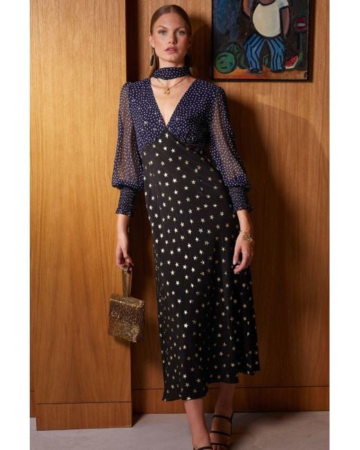 RIXO Women's Black Erin - Mixed Star Dot Maxi Dress