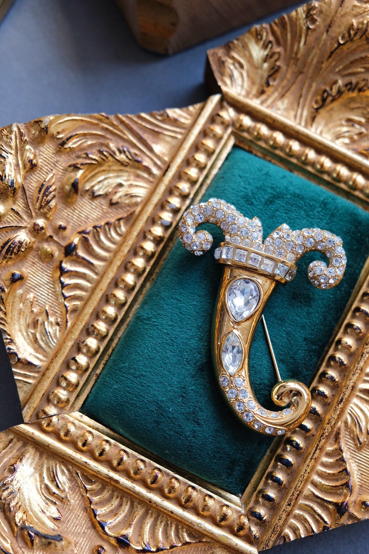 Goosens Paris Cornucopia Vintage Brooch with Crystal Rhinestones
