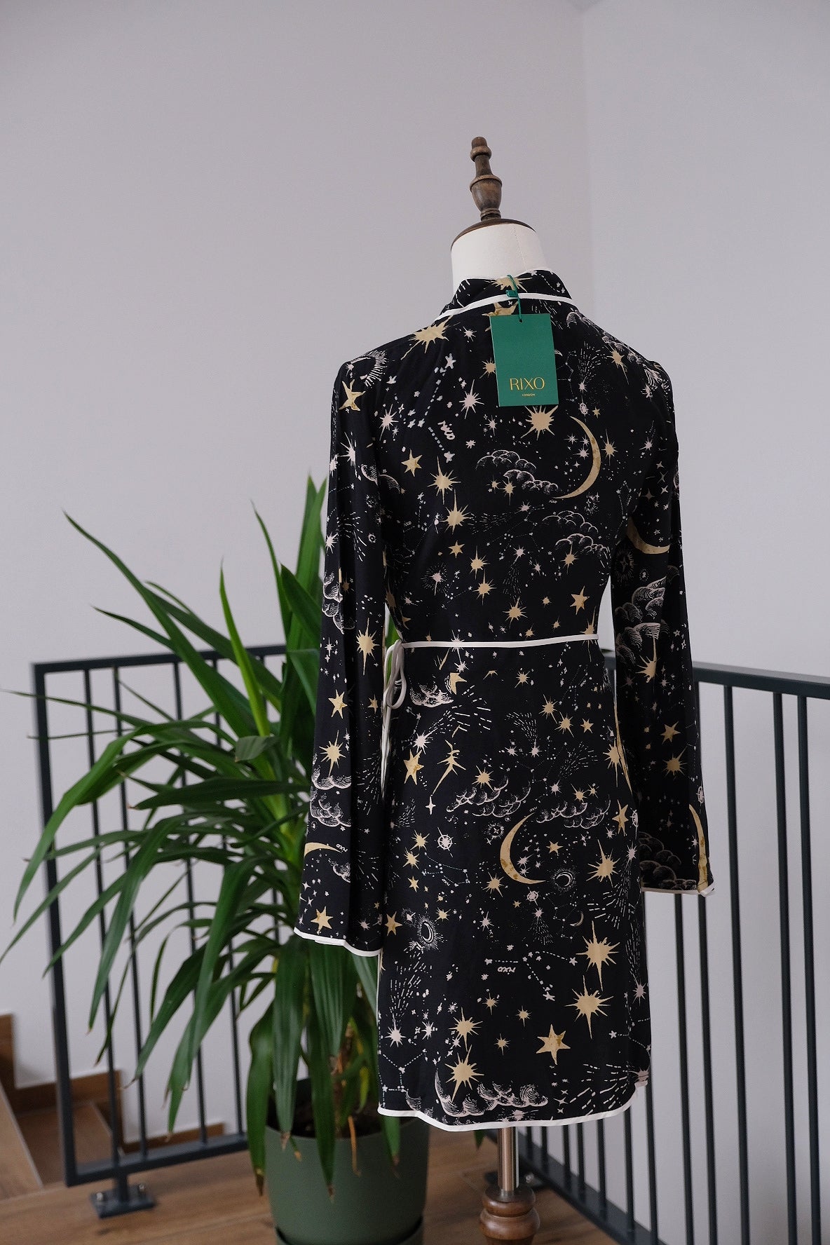 RIXO Iris Star Moon Crepe Wrap Mini Dress