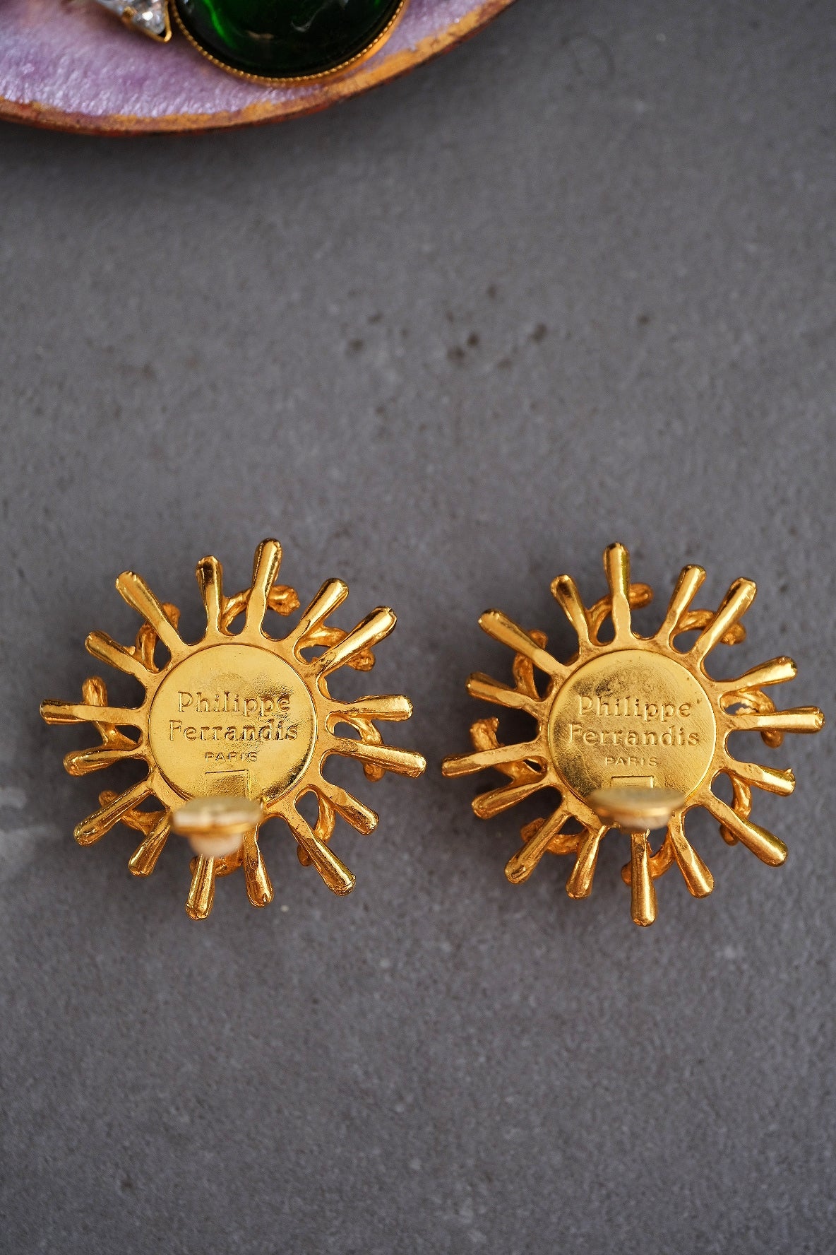Philippe Ferrandis Vintage Orange Gripoix Cabochon Sun Ear Clips