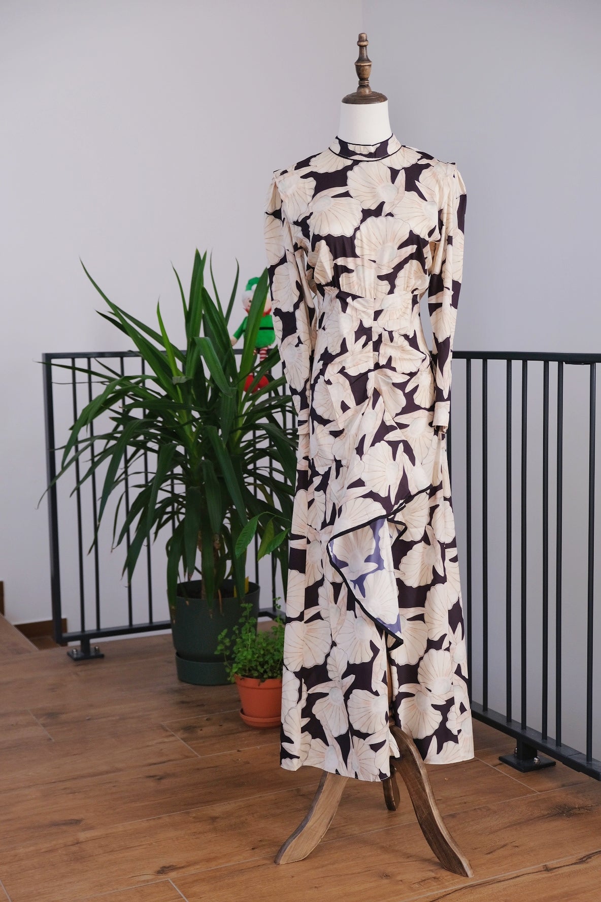 COMING SOON RIXO Dani Pearl Shell Black and Cream Silk High Neck Maxi Dress