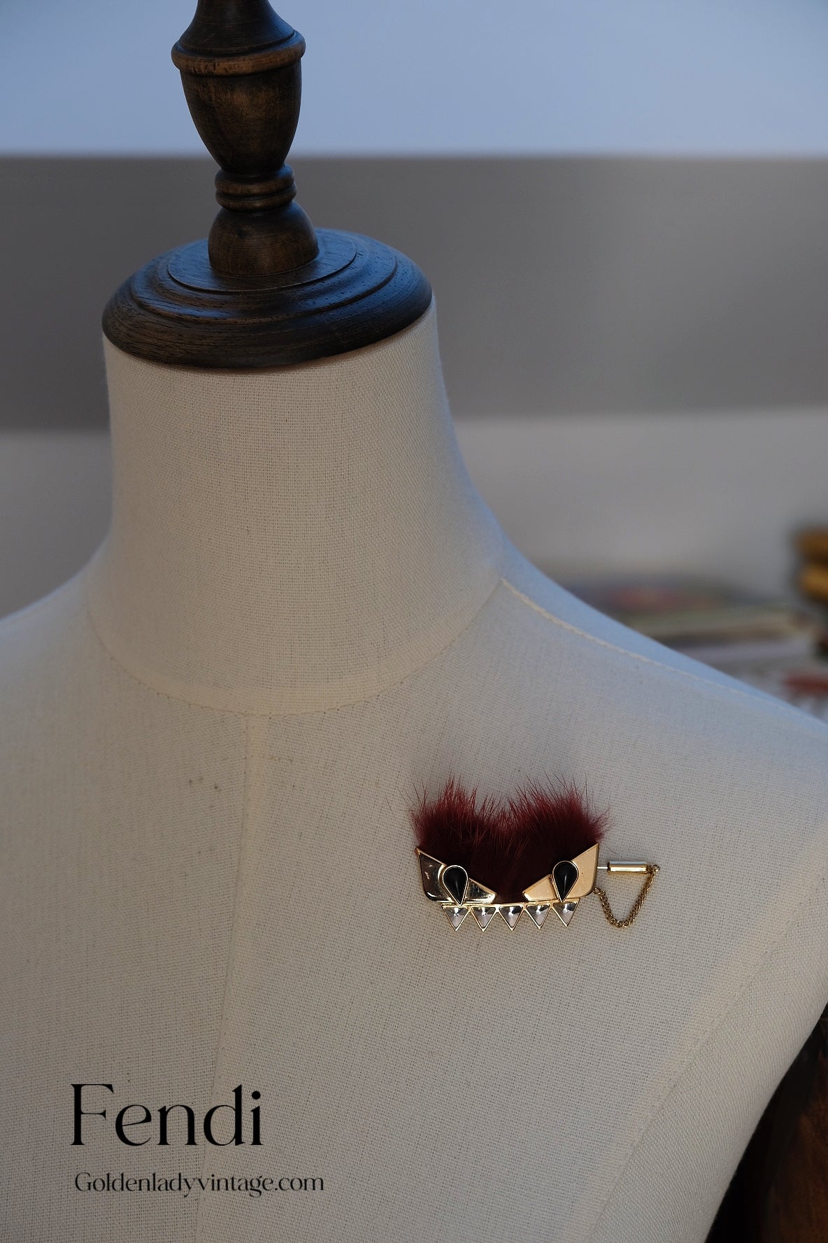 FENDI burgundy Mink Fur "Monster" Brooch