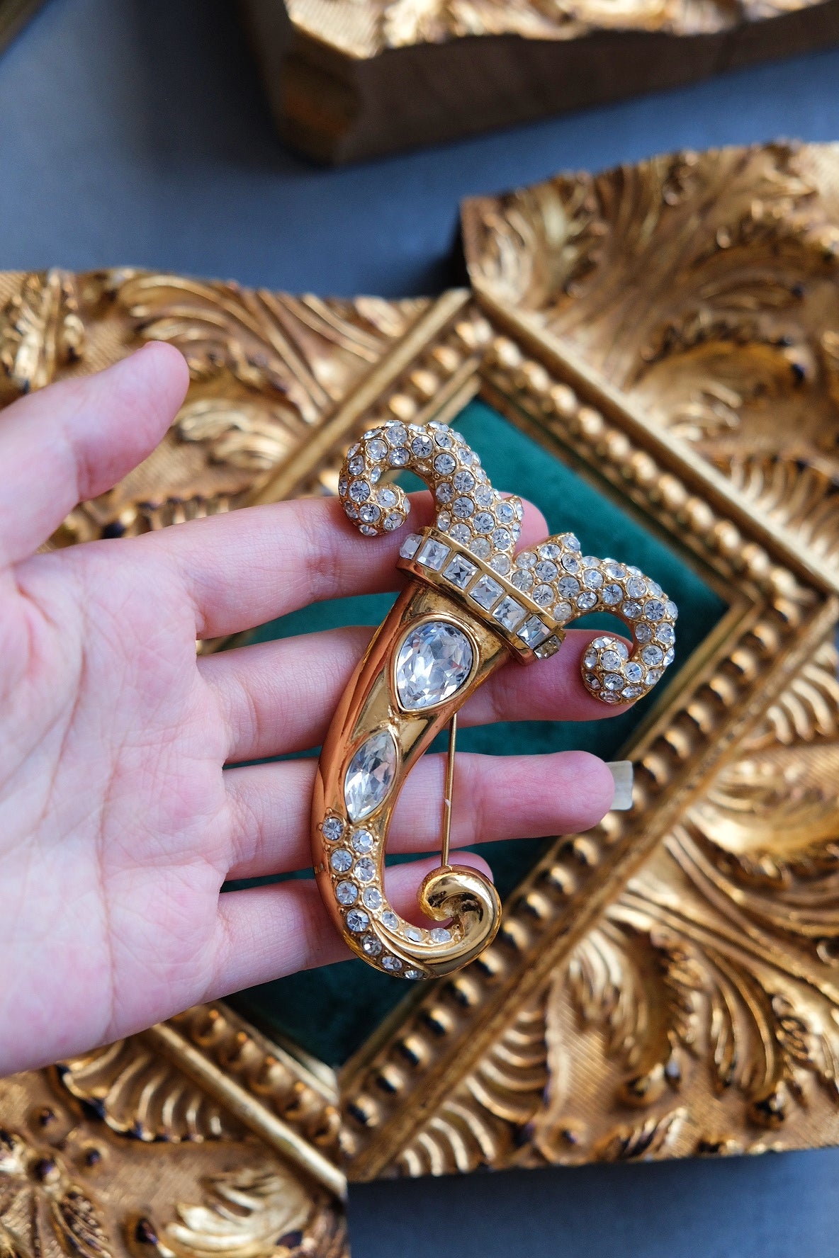 Goosens Paris Cornucopia Vintage Brooch with Crystal Rhinestones