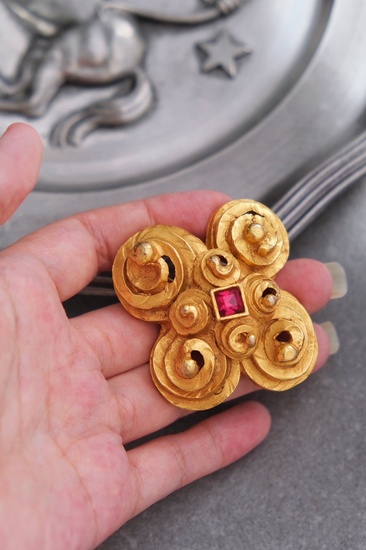 LANVIN Ruby rhinestone Brooch French Vintage pin Vintage Brooch