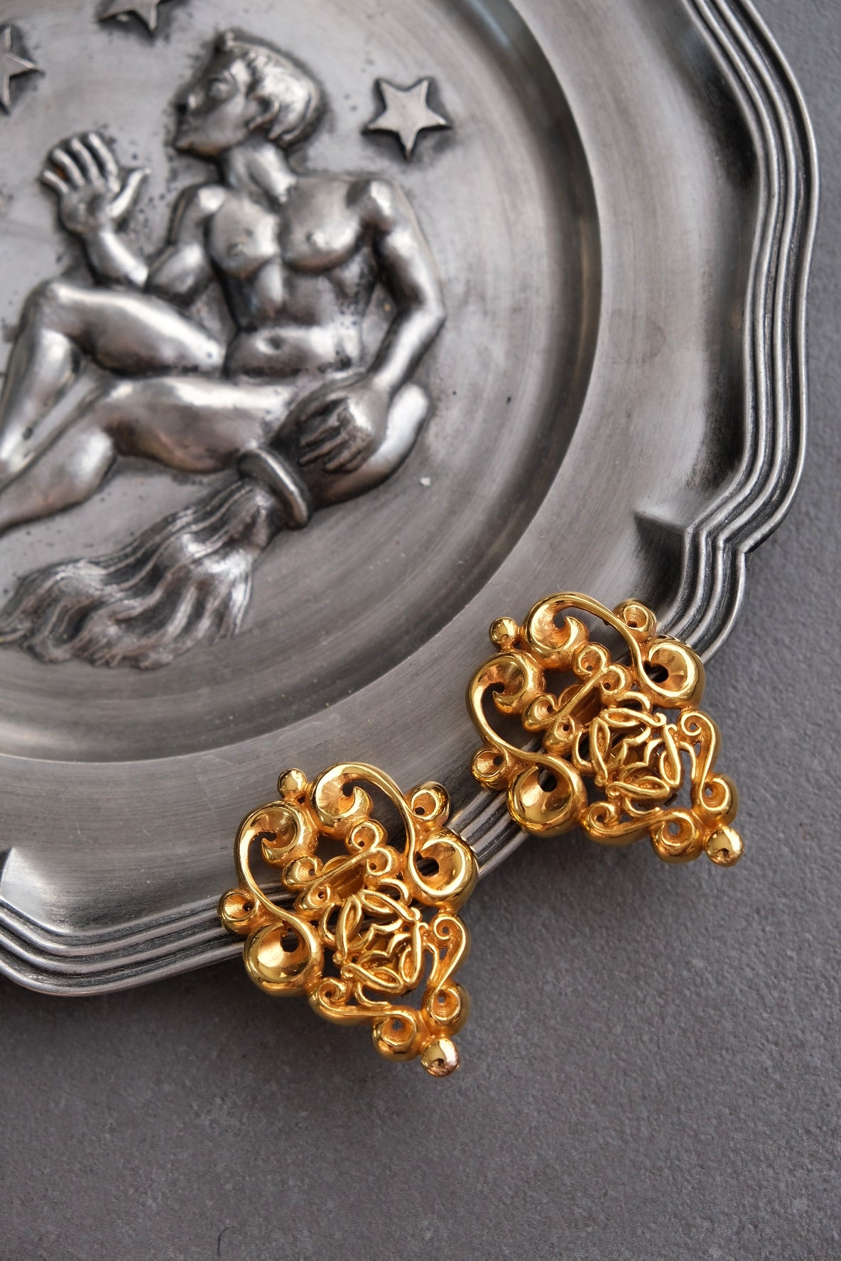 LOEWE Gold Toned Statement Lock Ear Clips with Logo Vintage Earclips