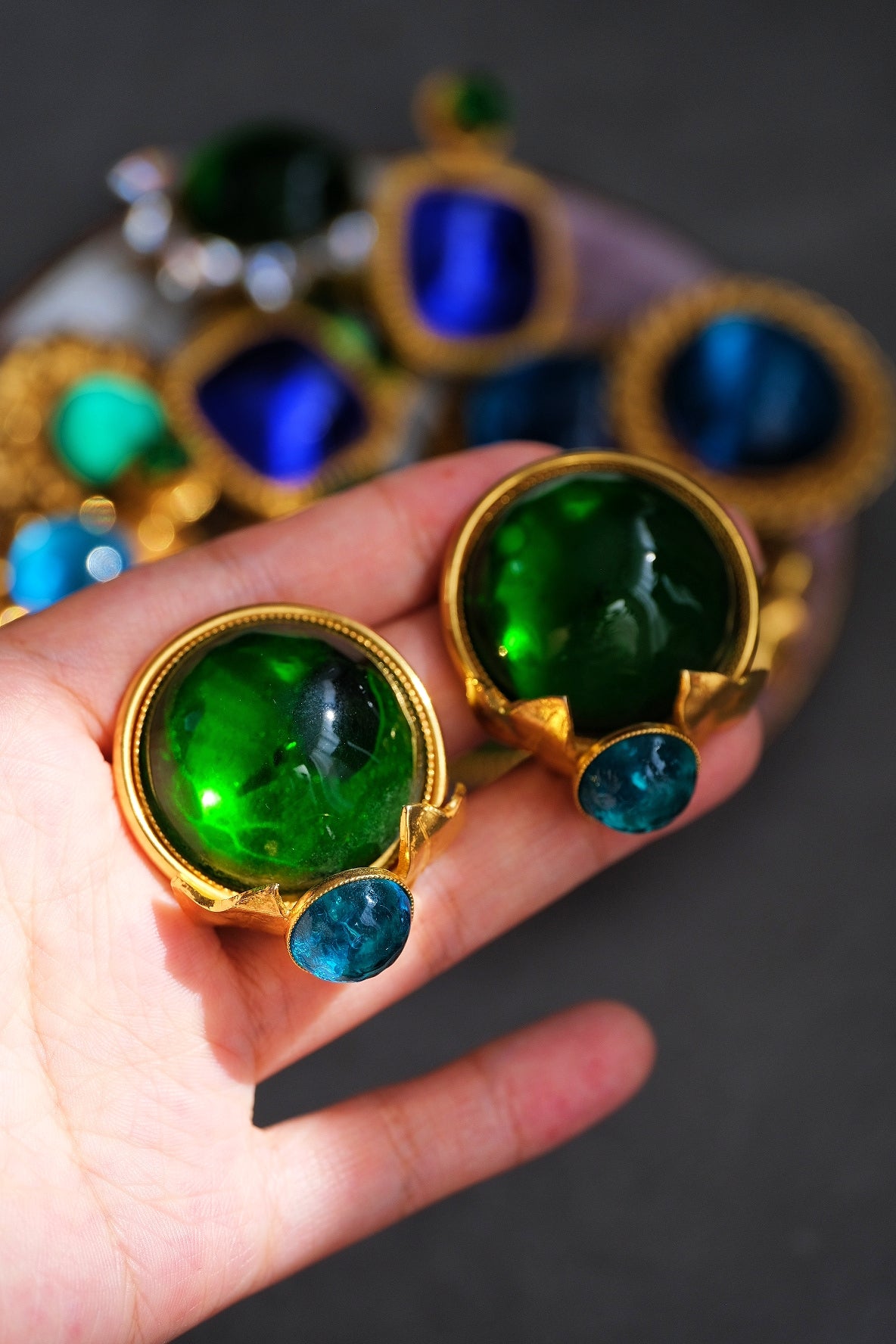 Vintage Philippe Ferrandis Green & Blue Gripoix Ear Clips