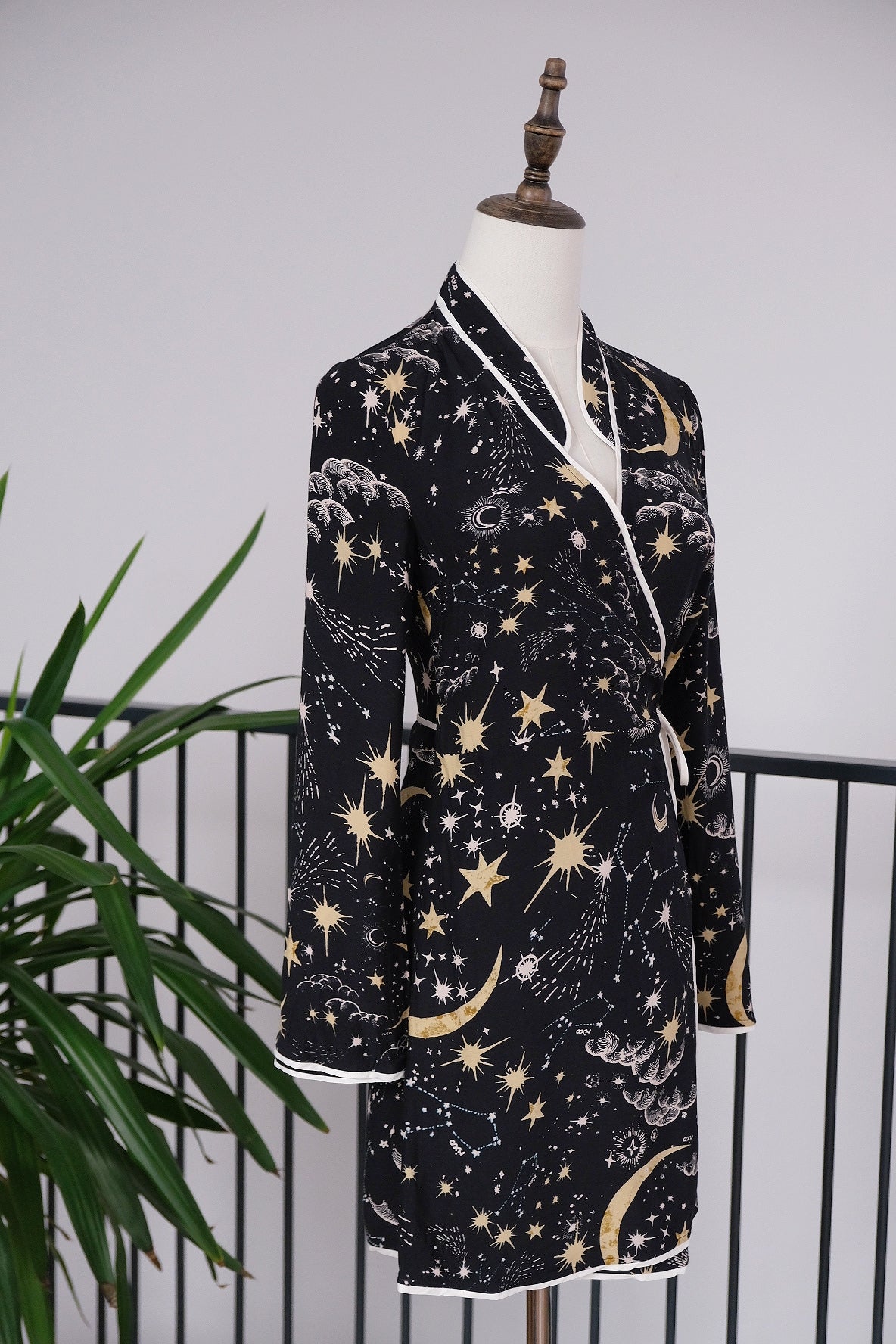 RIXO Iris Star Moon Crepe Wrap Mini Dress