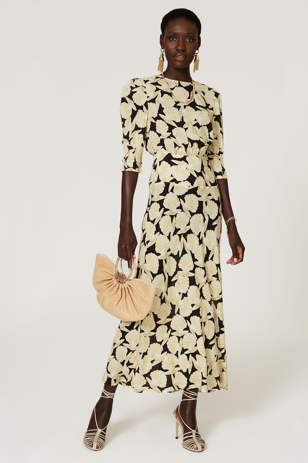 RIXO Dani Pearl Shell Black and Cream Silk High Neck Maxi Dress
