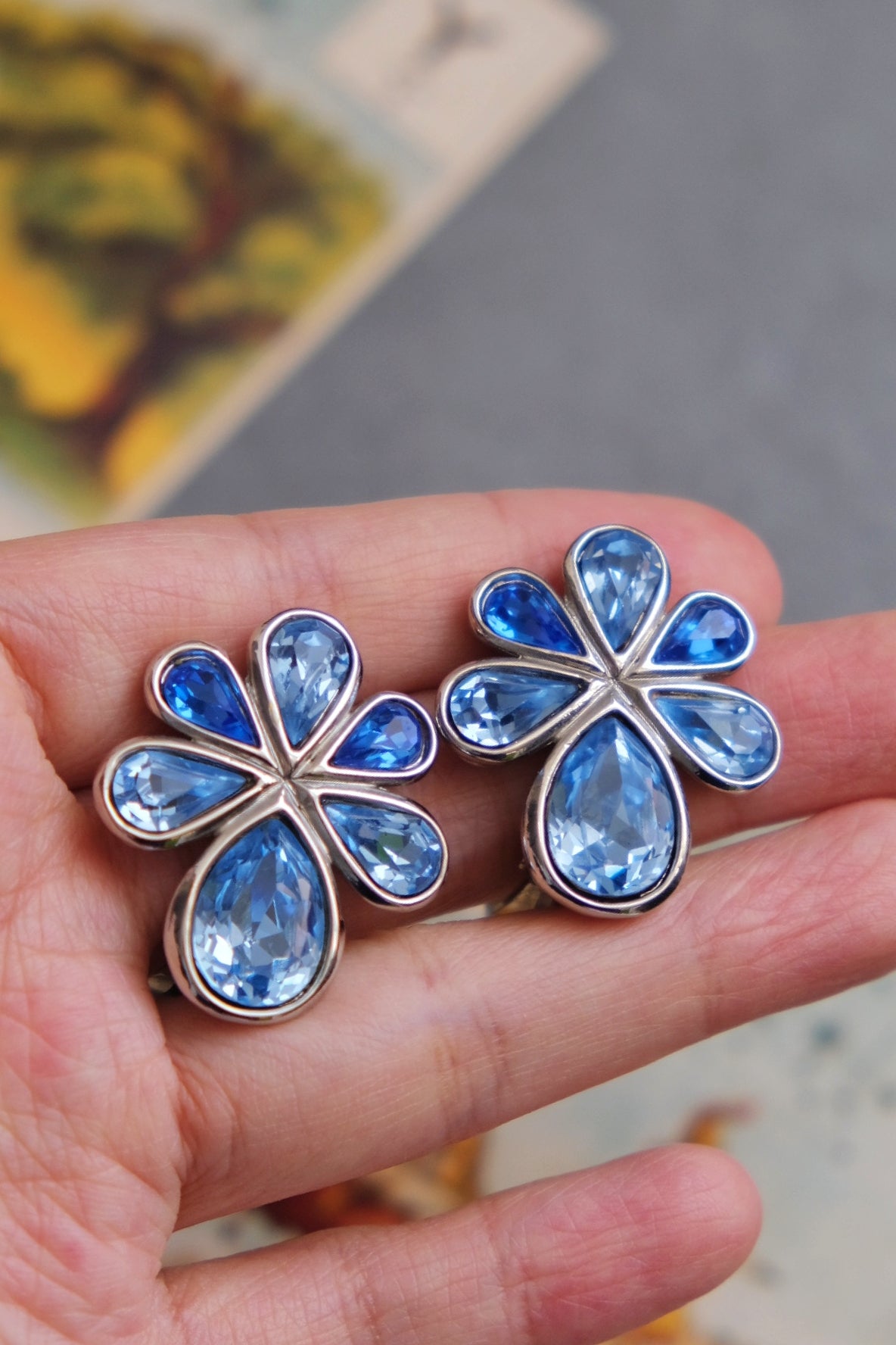 Yves Saint Laurent YSL vintage blue crystal flower Earclips
