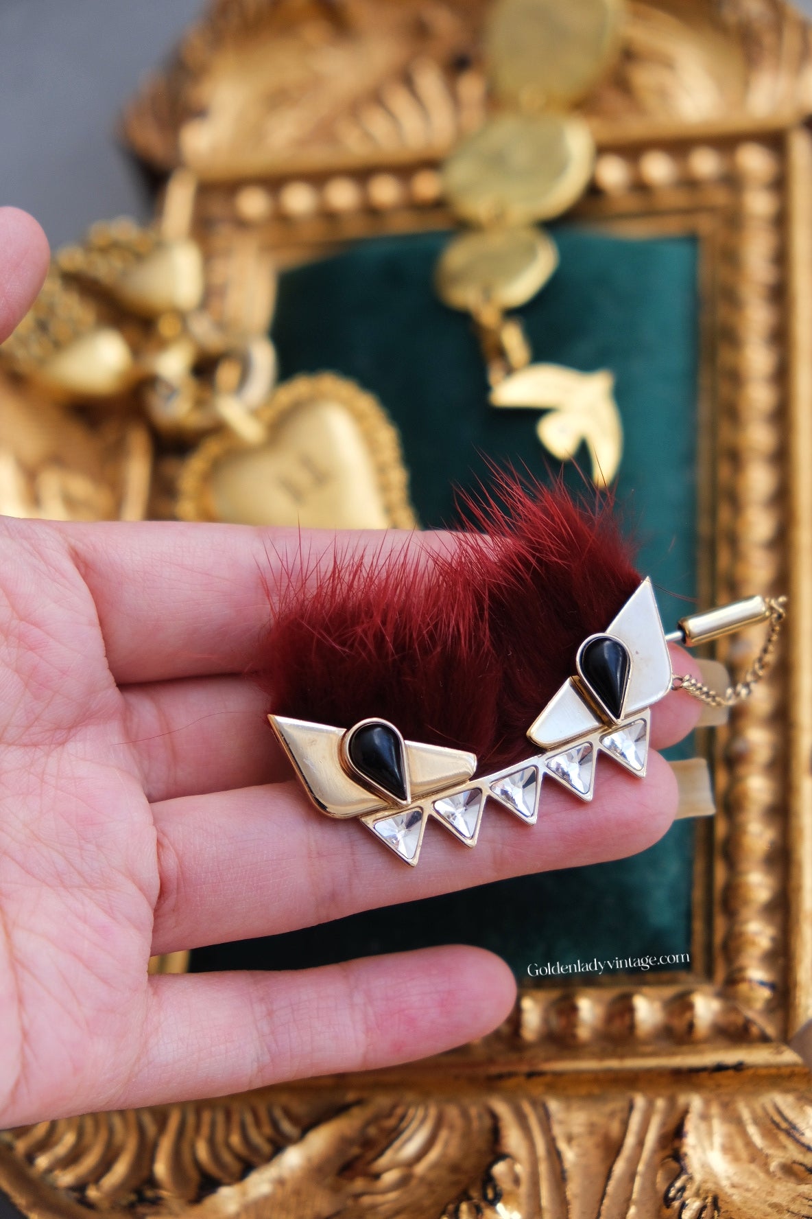 FENDI burgundy Mink Fur "Monster" Brooch