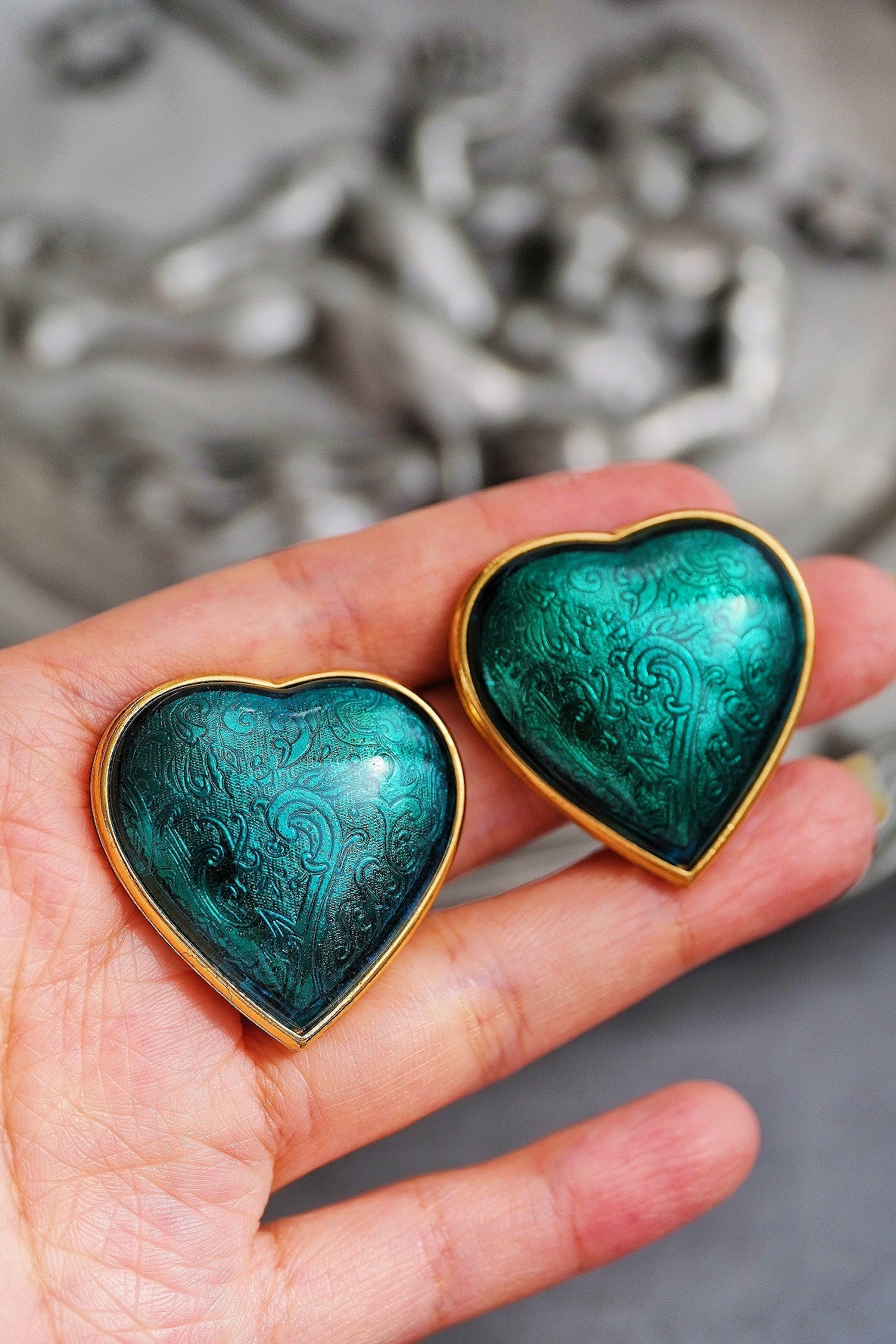 Yves Saint Laurent YSL Green Enamel Heart Earclips Statement earrings