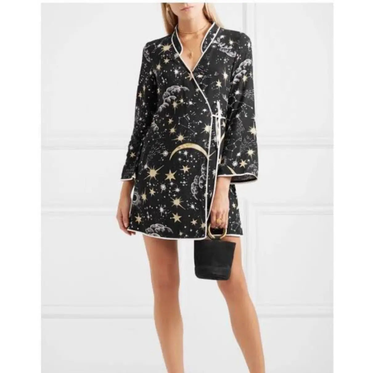 RIXO Iris Star Moon Crepe Wrap Mini Dress