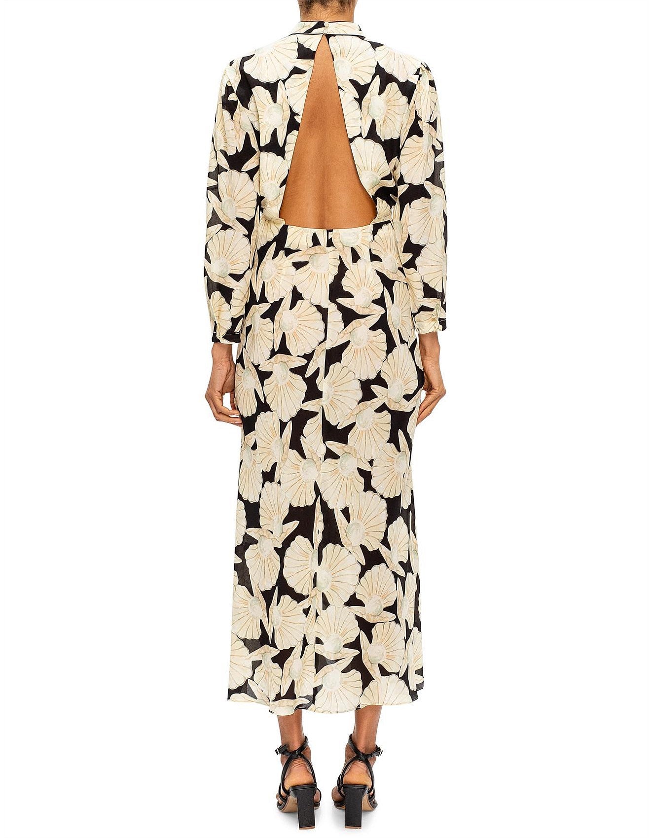 COMING SOON RIXO Dani Pearl Shell Black and Cream Silk High Neck Maxi Dress