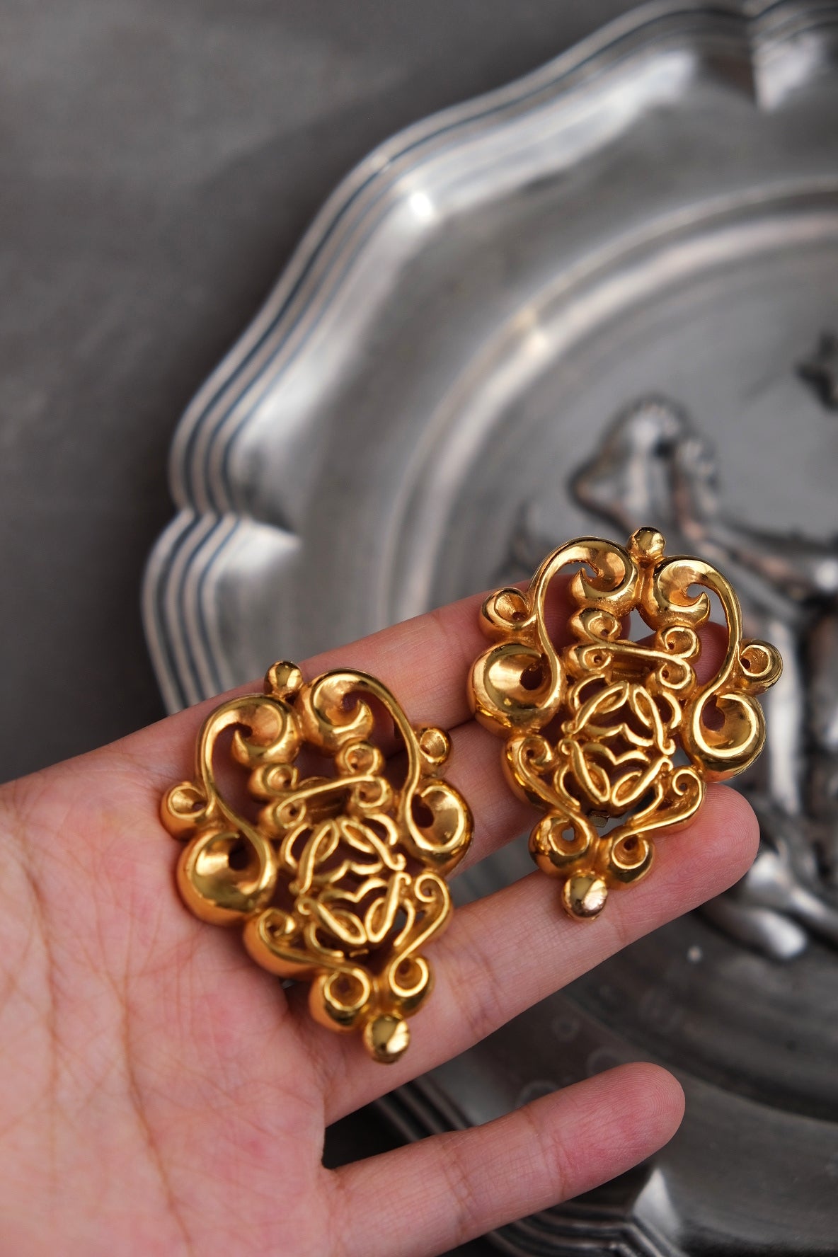 LOEWE Gold Toned Statement Lock Ear Clips with Logo Vintage Earclips