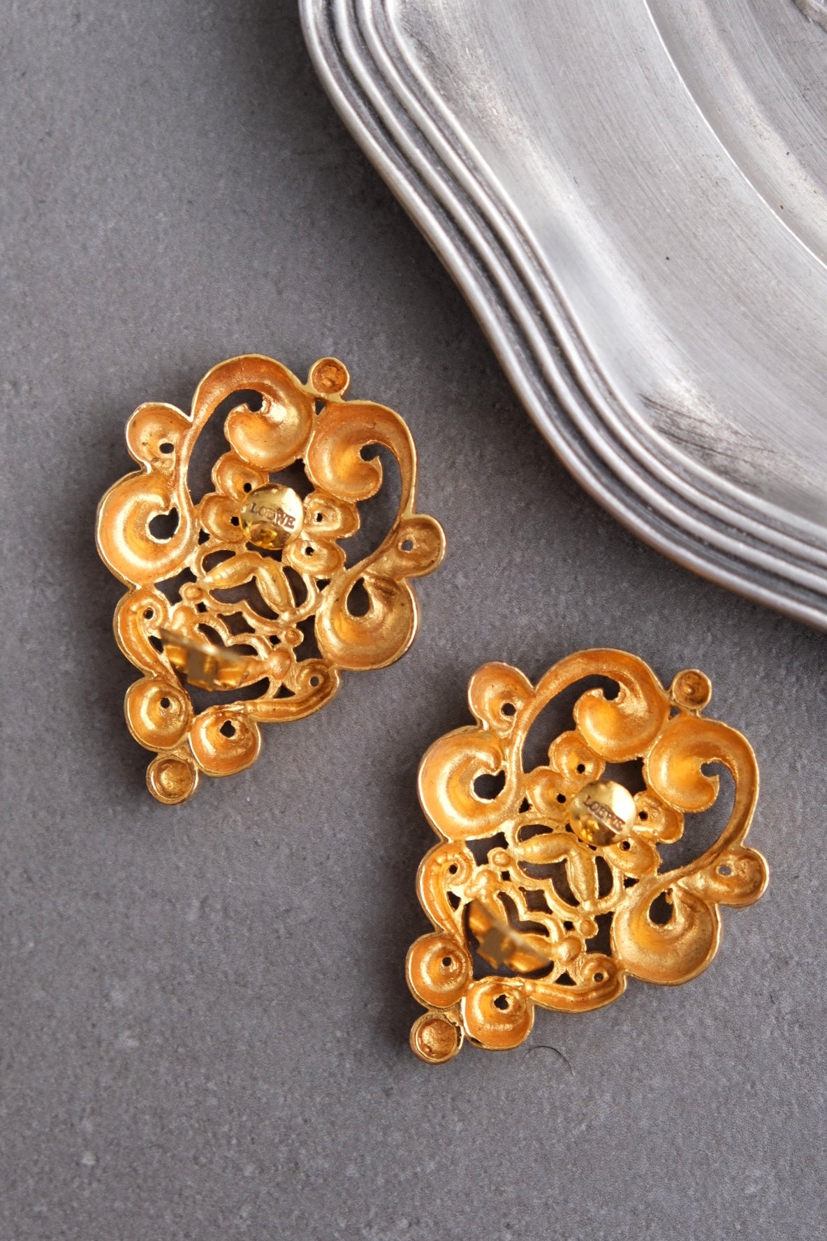 LOEWE Gold Toned Statement Lock Ear Clips with Logo Vintage Earclips