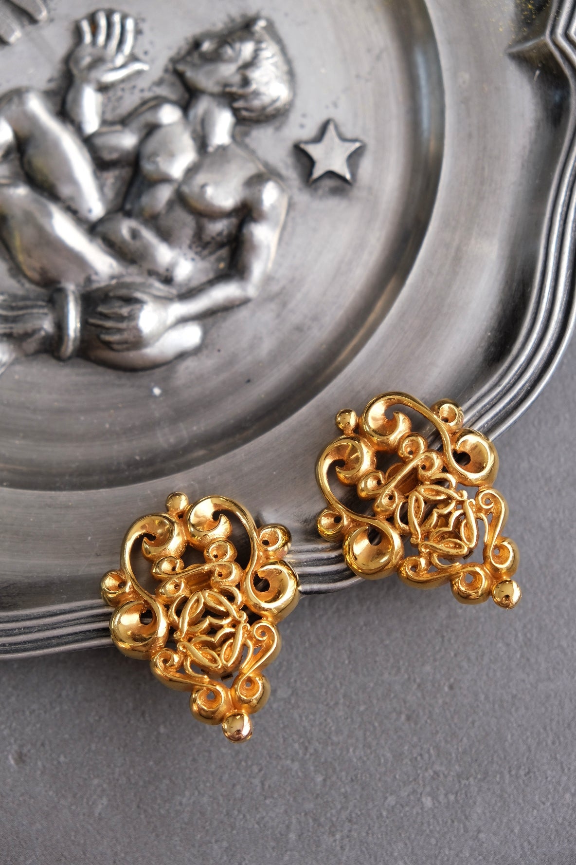 LOEWE Gold Toned Statement Lock Ear Clips with Logo Vintage Earclips