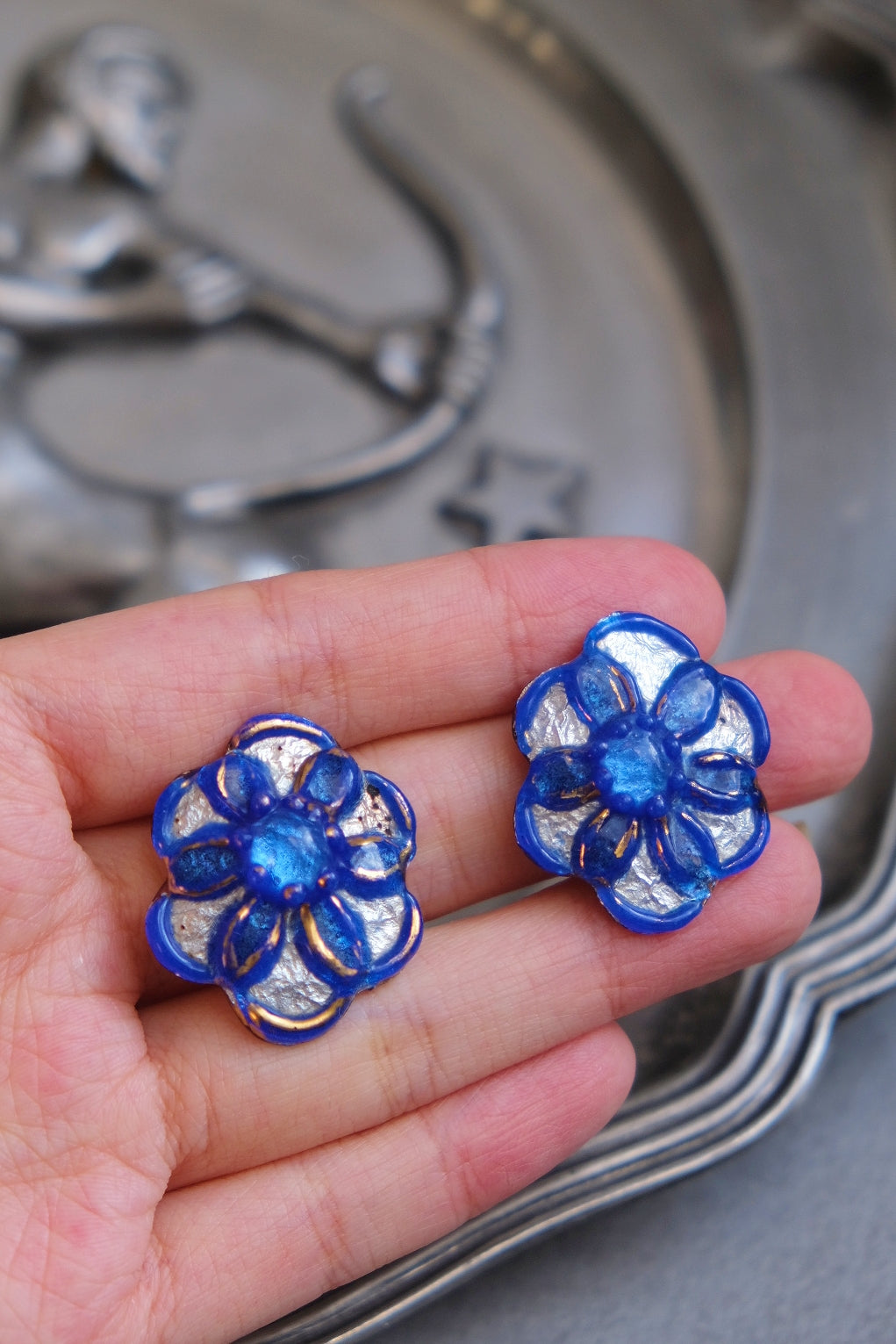 ANDREÉ BAZOT Navy Blue Silver Foil Limoges Enamel French Vintage Earclips