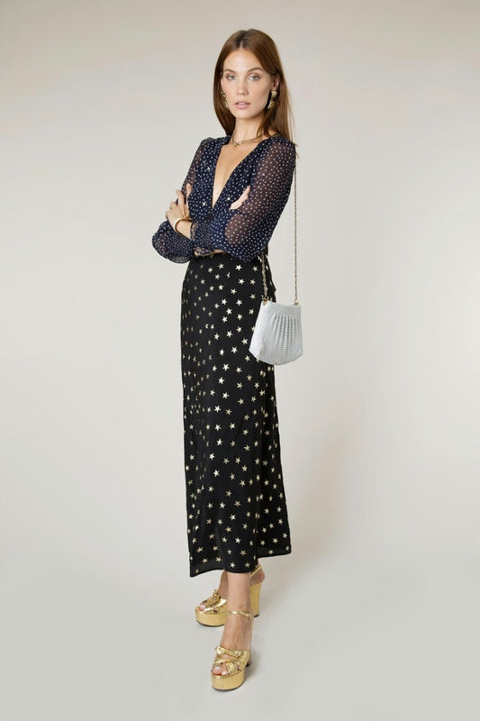 RIXO Women's Black Erin - Mixed Star Dot Maxi Dress