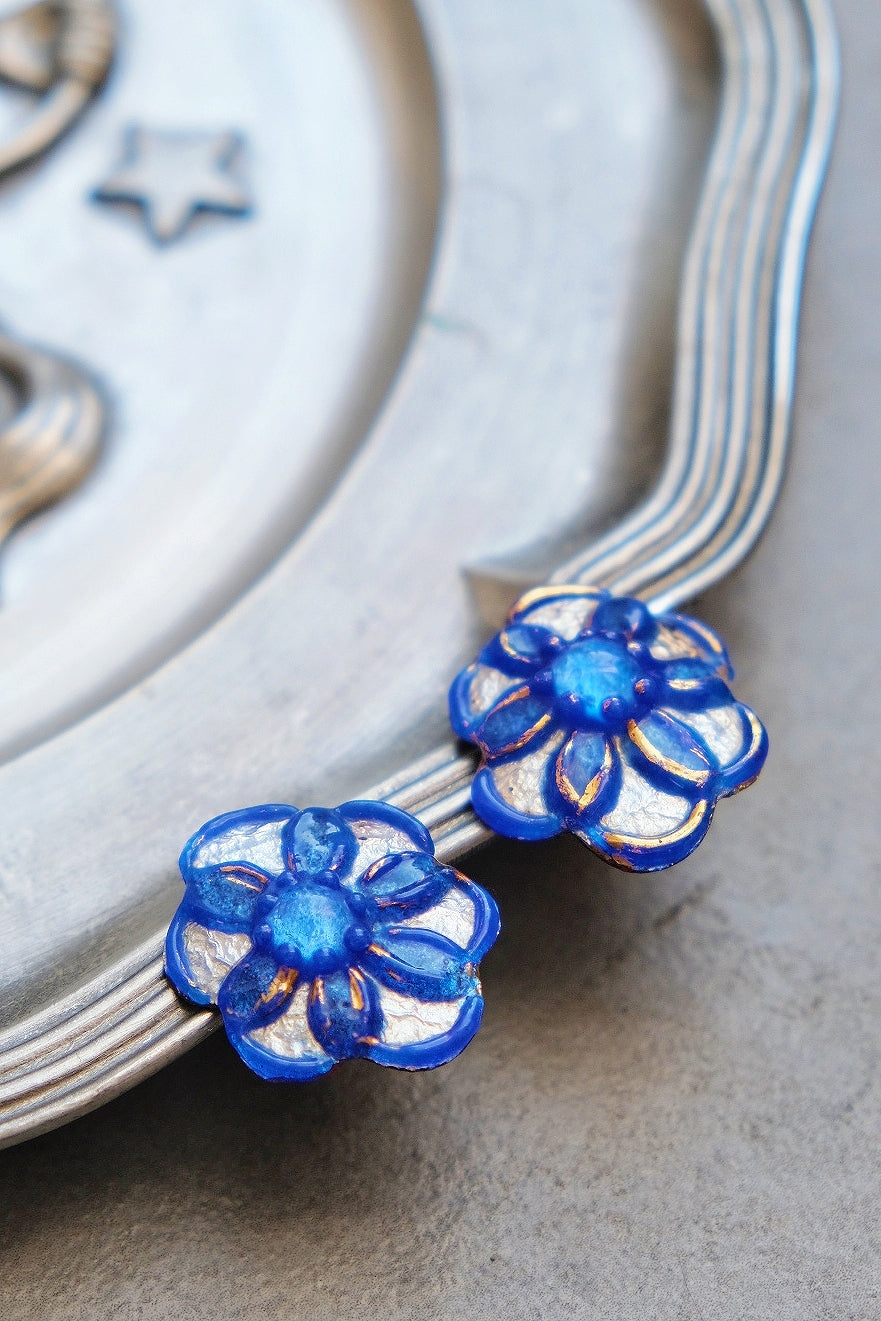 ANDREÉ BAZOT Navy Blue Silver Foil Limoges Enamel French Vintage Earclips