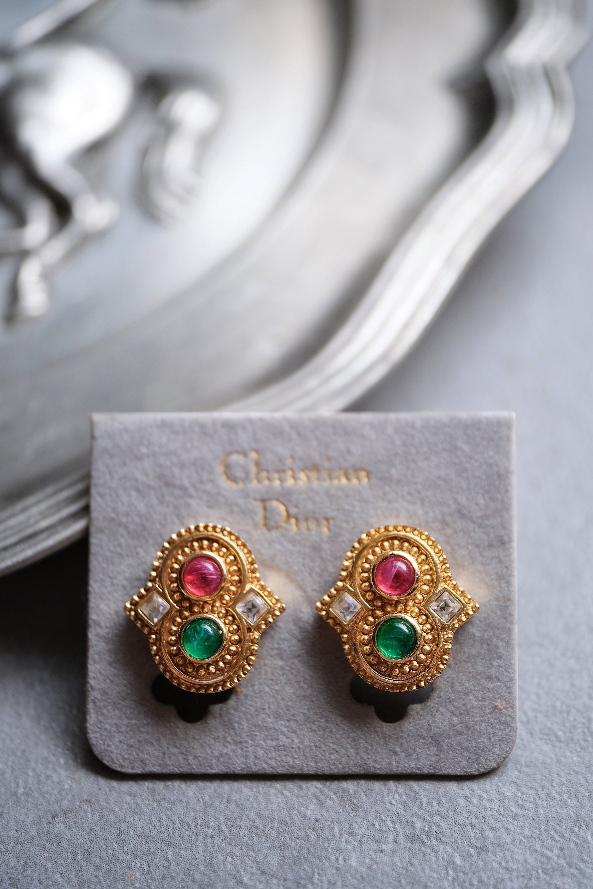 Christian Dior Imitation Emerald and Ruby earclips vintage earrings