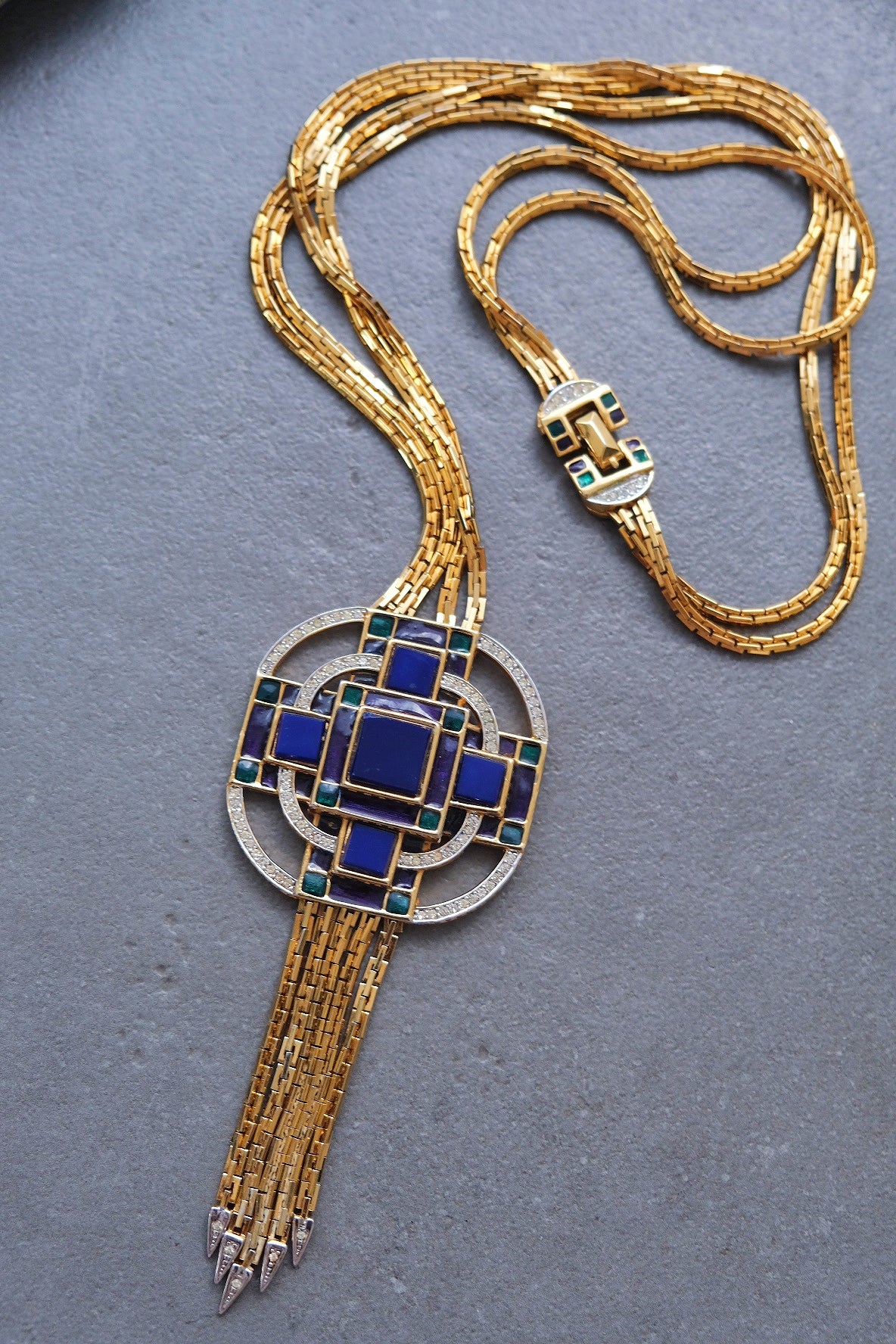 D'ORLAN Blue glass stone long necklace French Vintage necklace