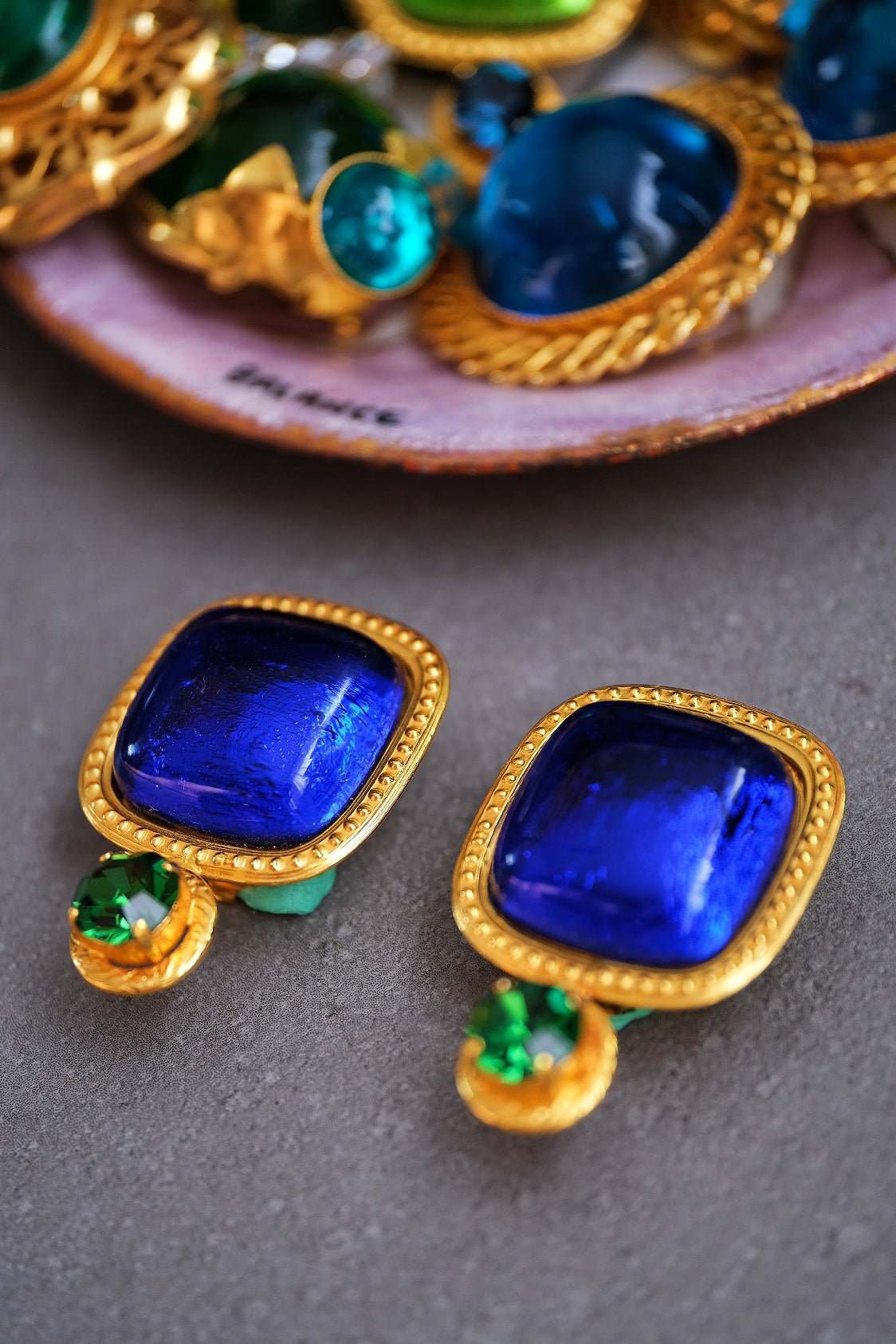Philippe Ferrandis Blue Glass & Green Crystal Ear Clips