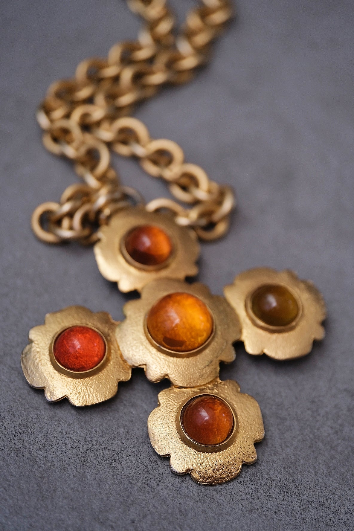 Les Bernard x Vogue Amber Cabochon Cross Pendant Vintage Statement Necklace