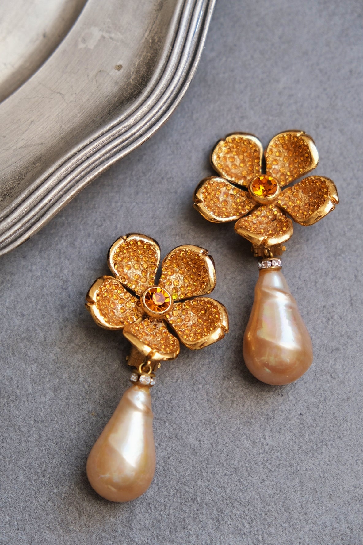 Yves Saint Laurent YSL Rive Gauche vintage flower runway earclips statement earrings