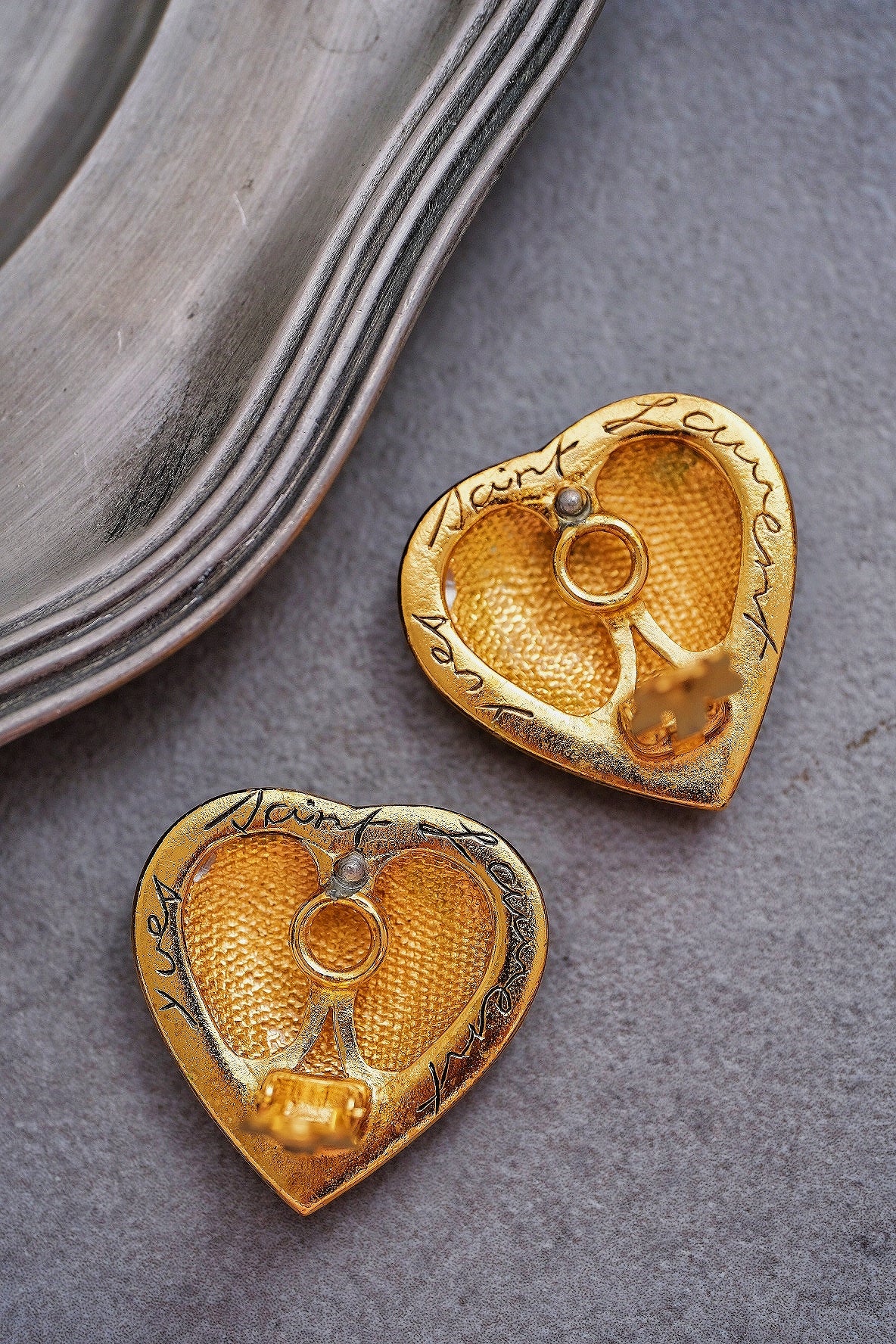 Yves Saint Laurent YSL Green Enamel Heart Earclips Statement earrings