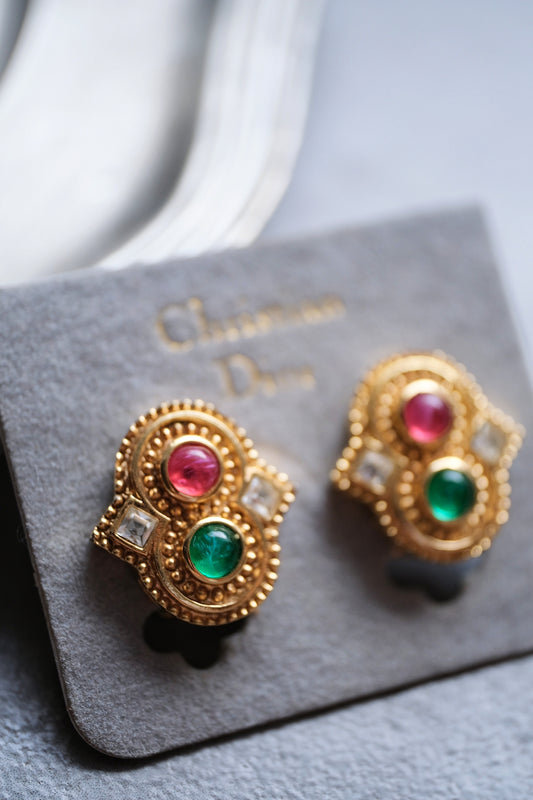 Christian Dior Imitation Emerald and Ruby earclips vintage earrings