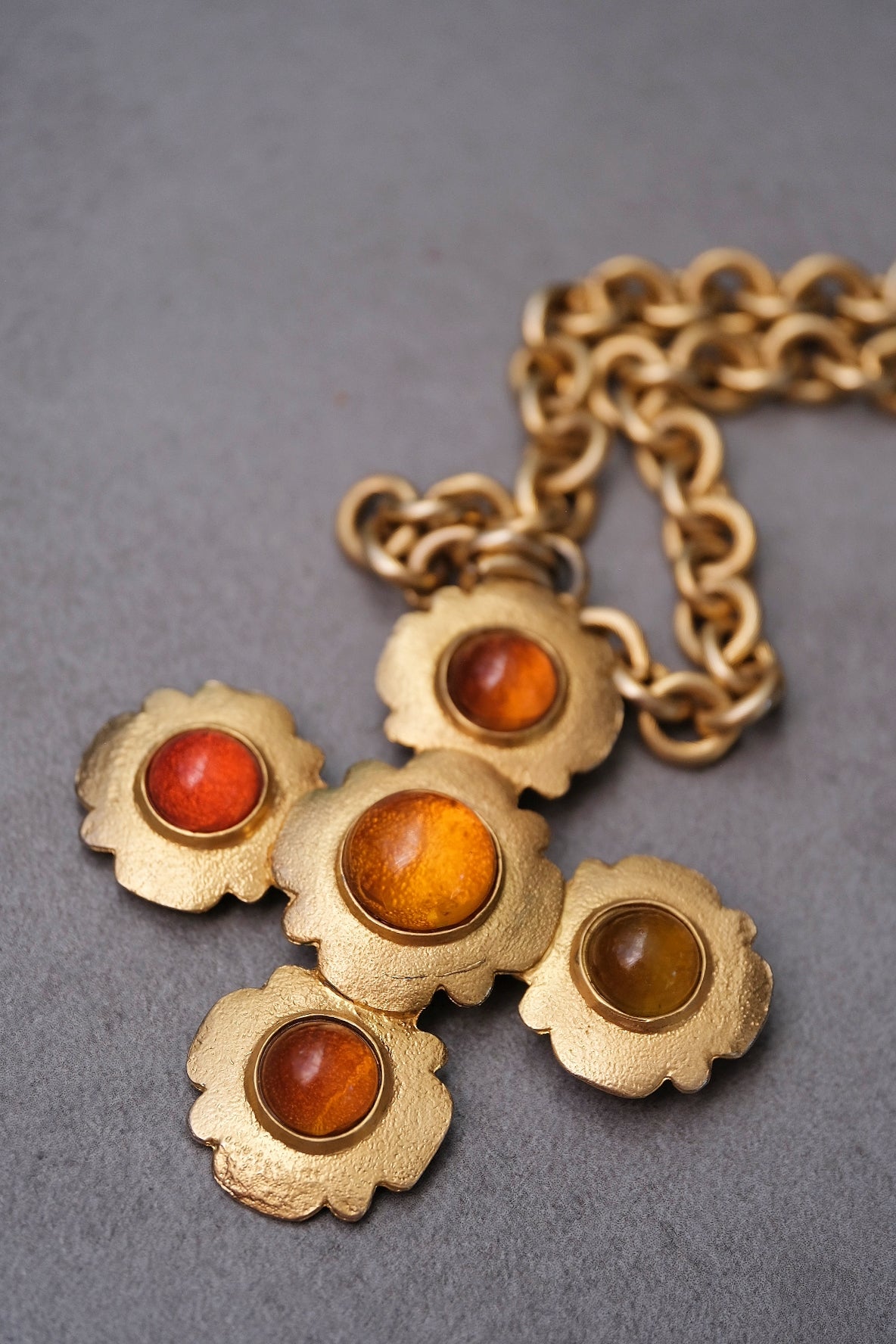 Les Bernard x Vogue Amber Cabochon Cross Pendant Vintage Statement Necklace