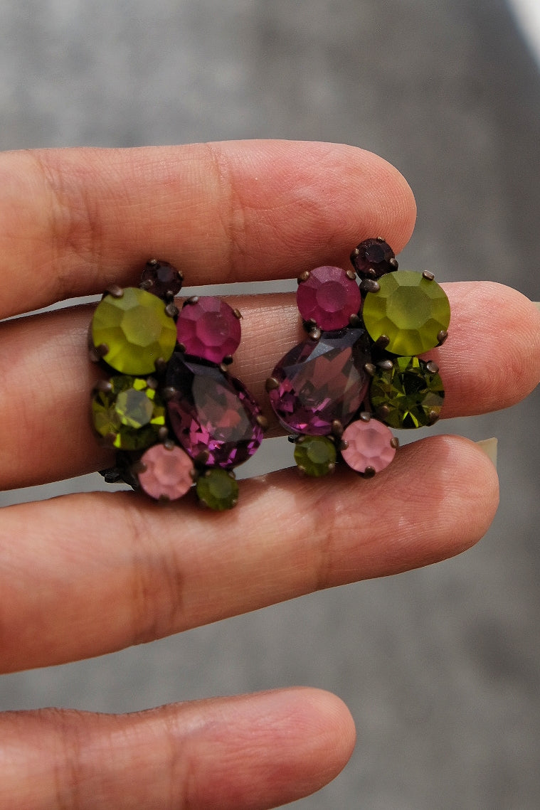 1970s Crystal Plum & Olive Vintage Clip-On Earrings