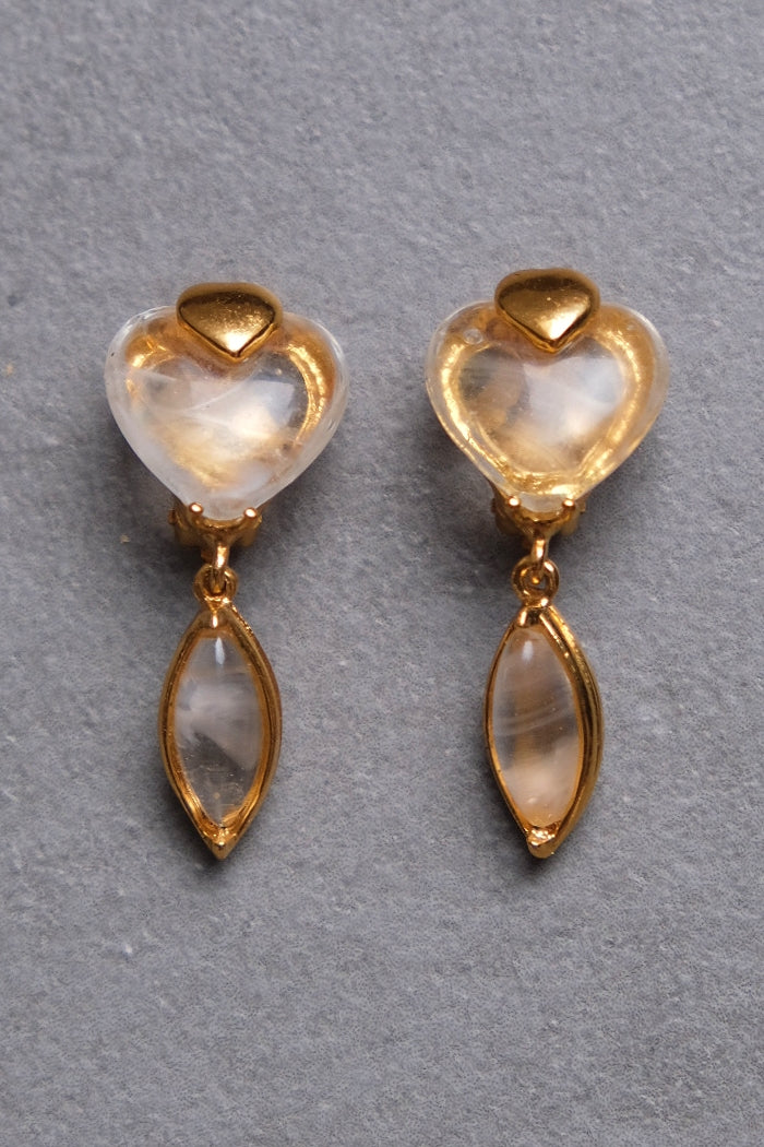 Yves Saint Laurent YSL vintage rock crystal heart Earclips