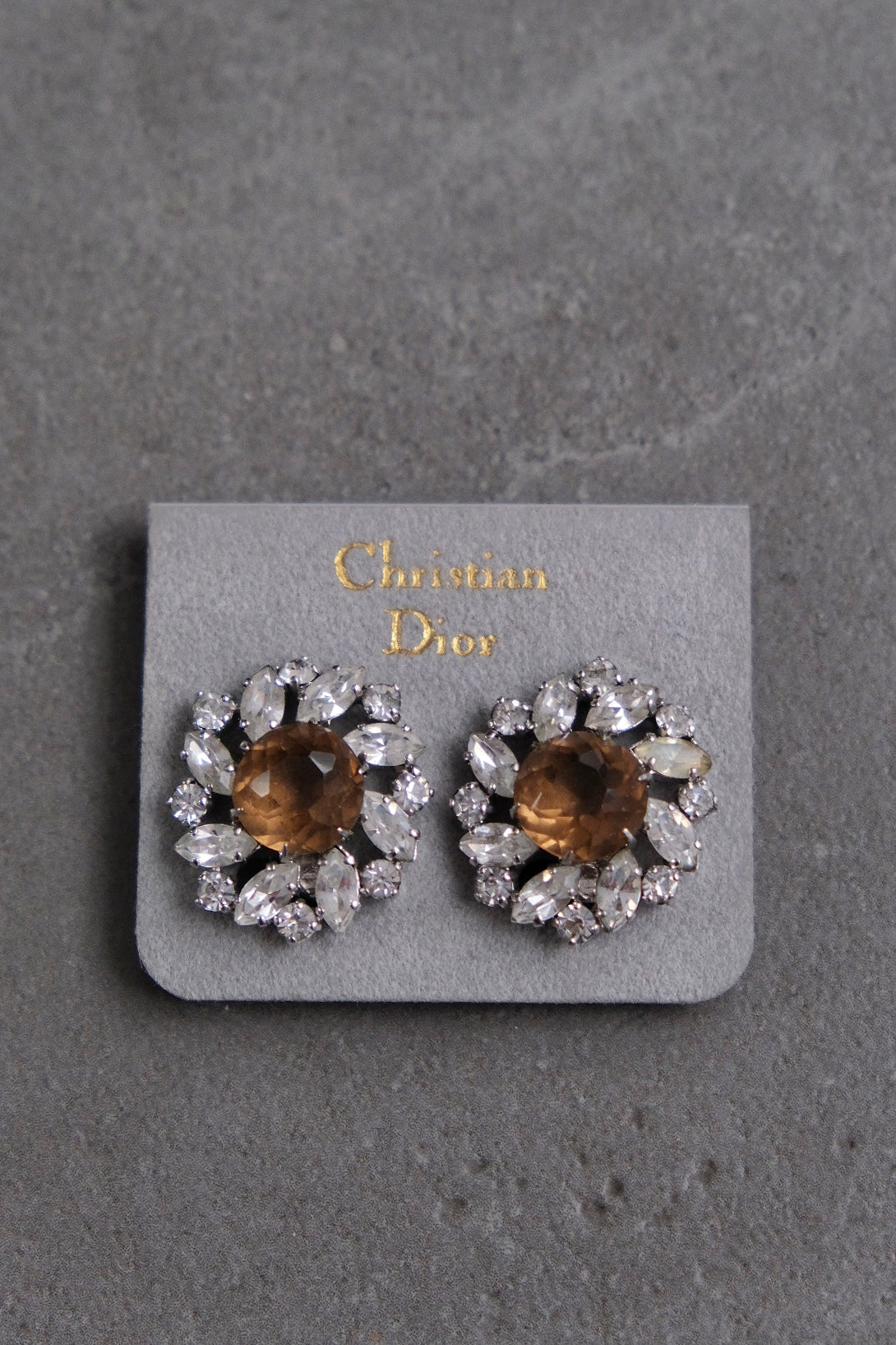 Christian Dior Unsigned Amber Crystal Flower Earclips Vintage Earrings