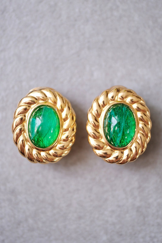 Christian Dior Emerald Green Glass Cabochon Vintage Ear clips