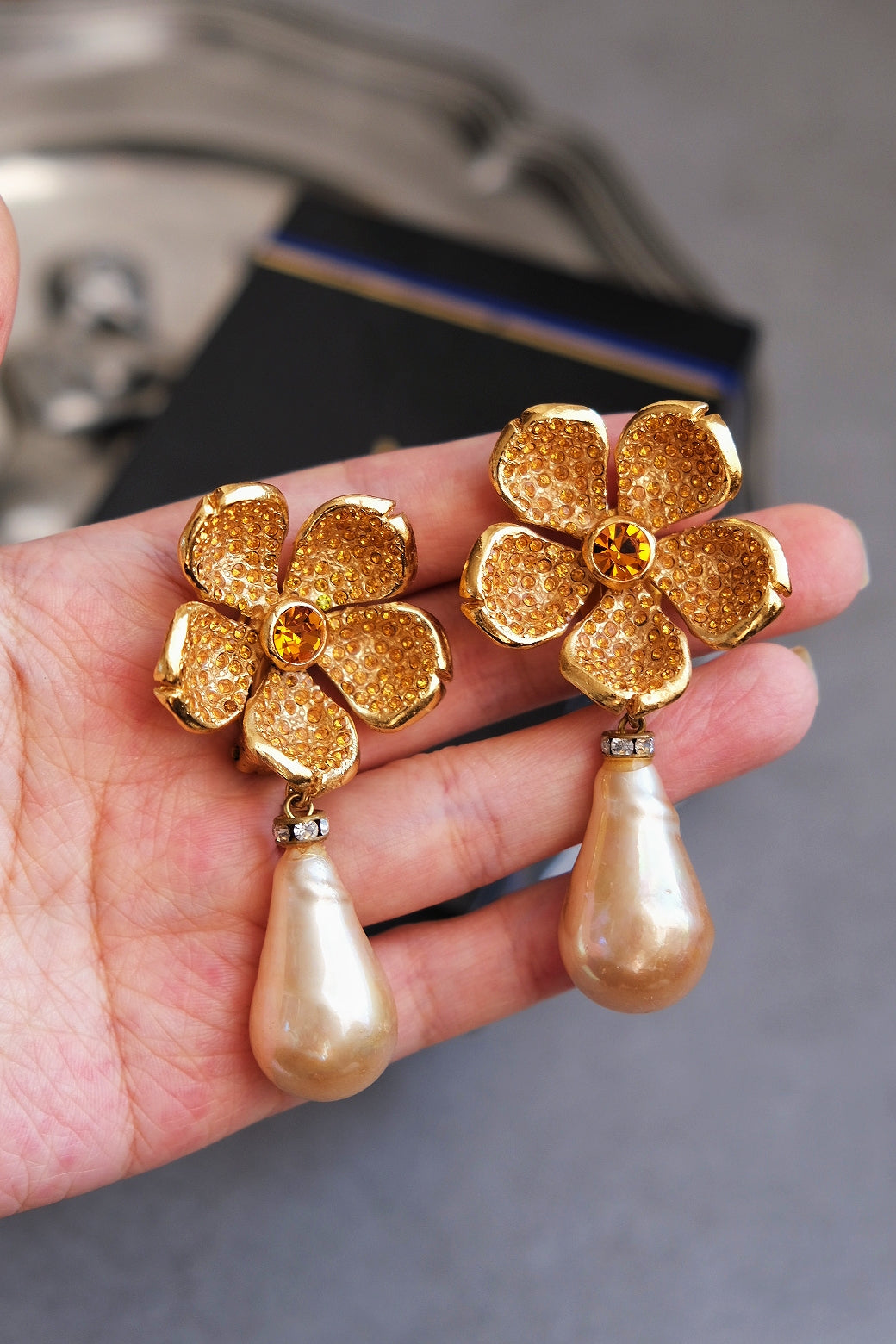 Yves Saint Laurent YSL Rive Gauche vintage flower runway earclips statement earrings