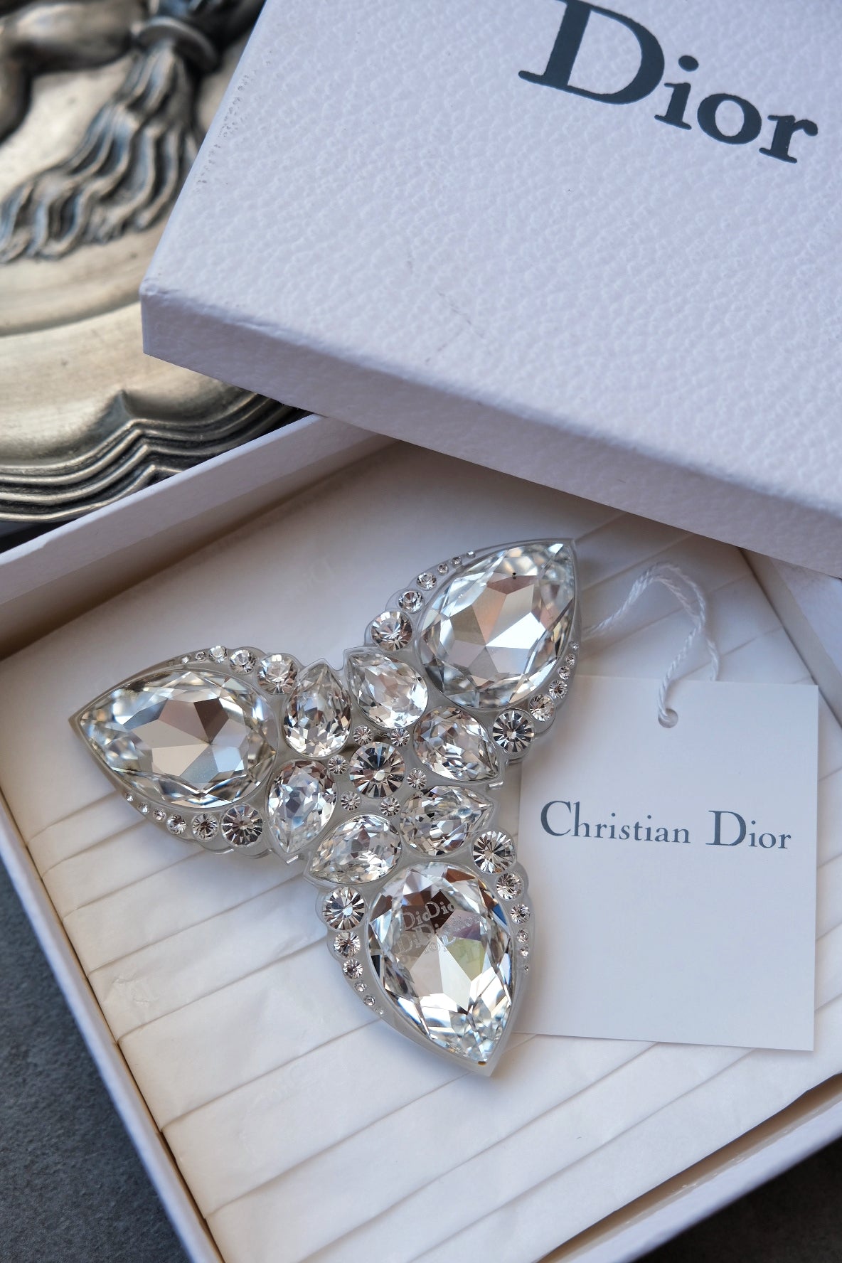 Christian Dior Vintage SS 2004 by John Galliano Clear Crystal Rhinestone Dior Insignia Brooch Pin