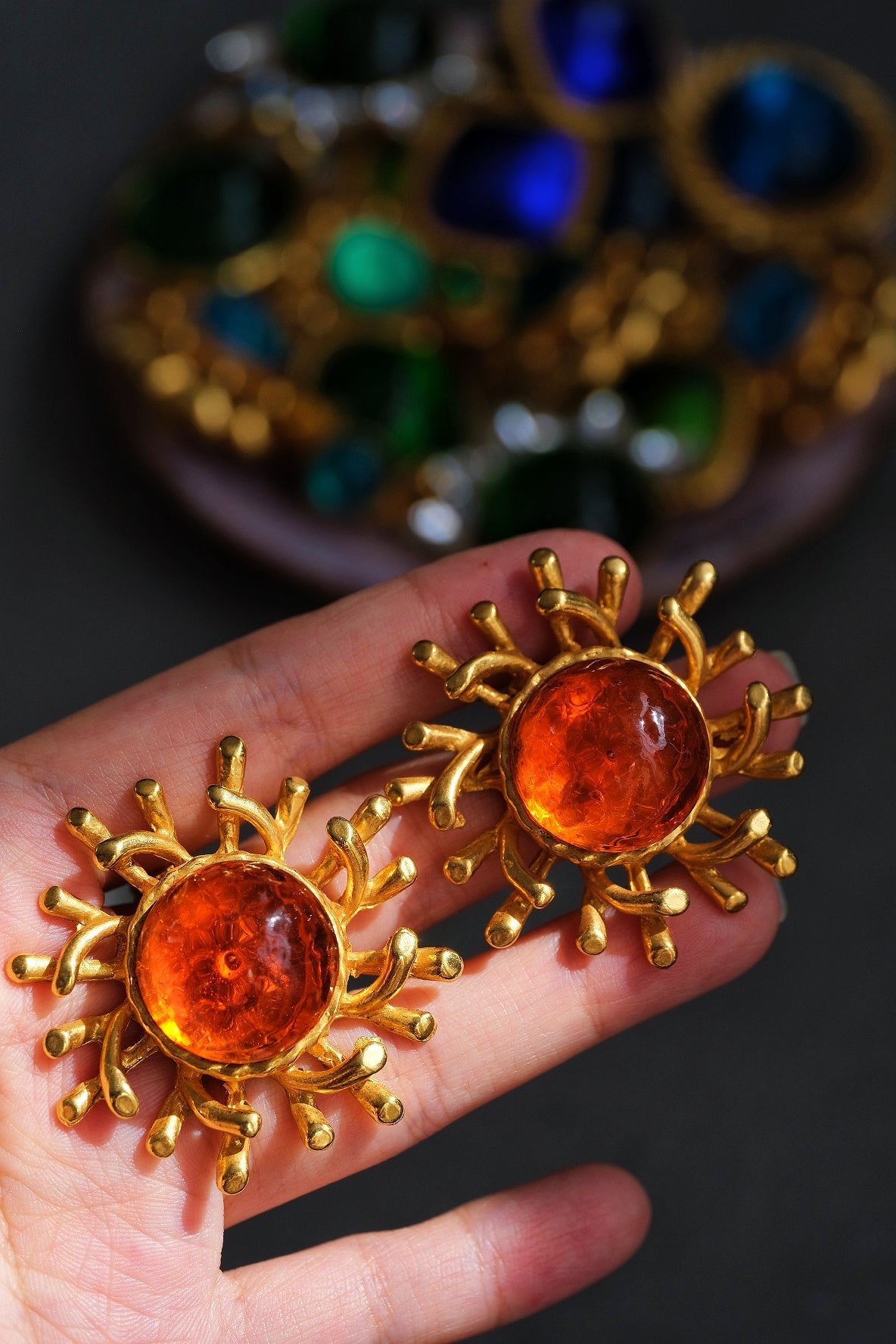 Philippe Ferrandis Vintage Orange Gripoix Cabochon Sun Ear Clips