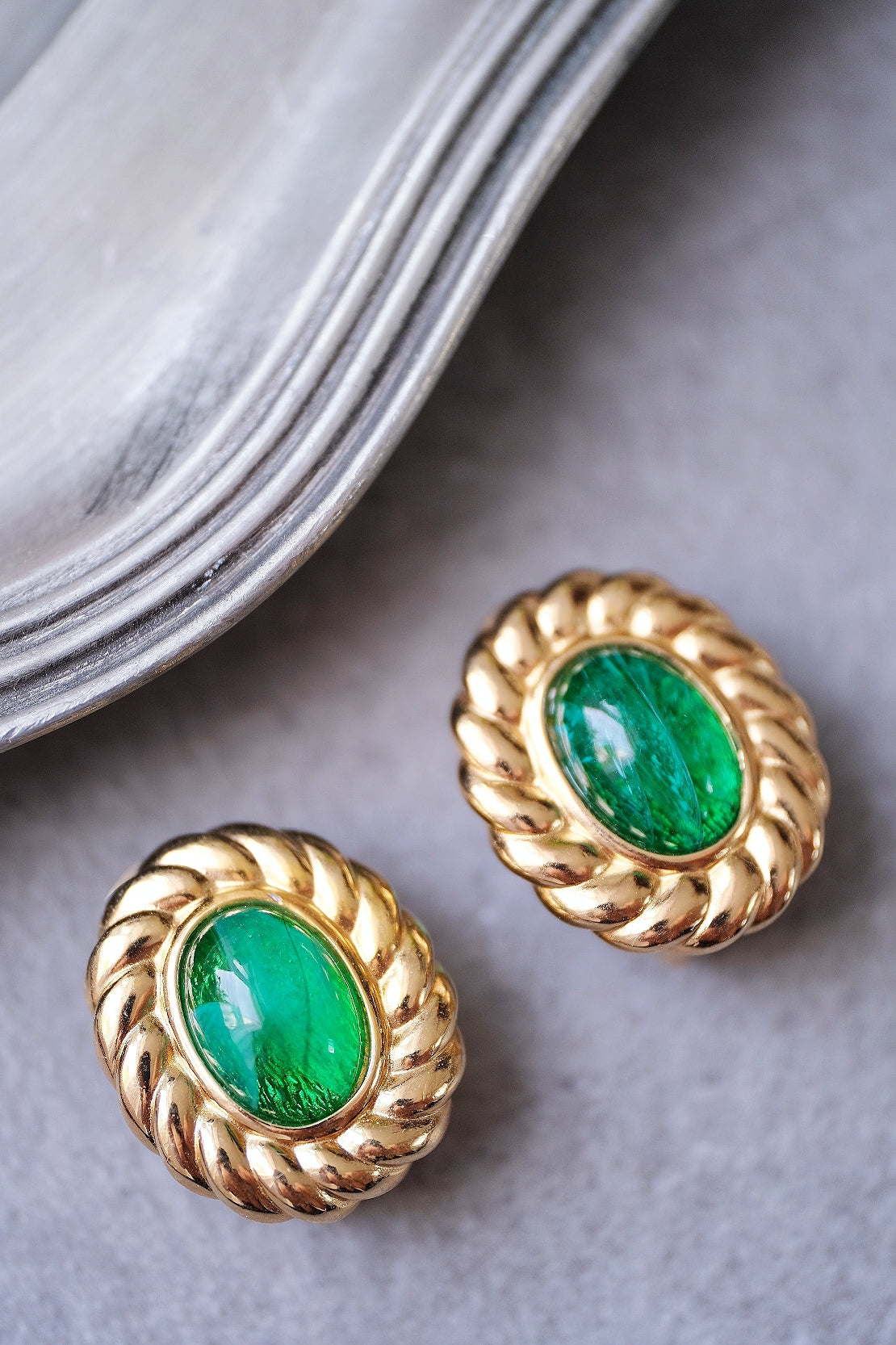 Christian Dior Emerald Green Glass Cabochon Vintage Ear clips