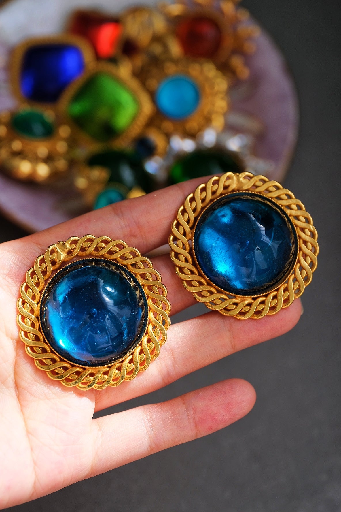 Philippe Ferrandis vintage blue gripoix glass massive size earclips