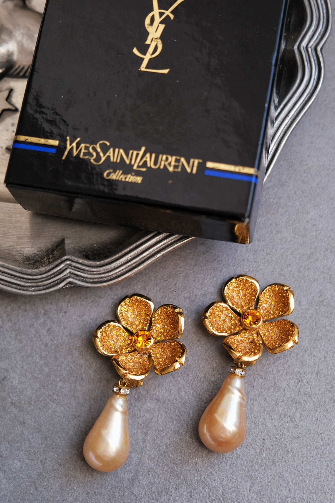 Yves Saint Laurent YSL Rive Gauche vintage flower runway earclips statement earrings