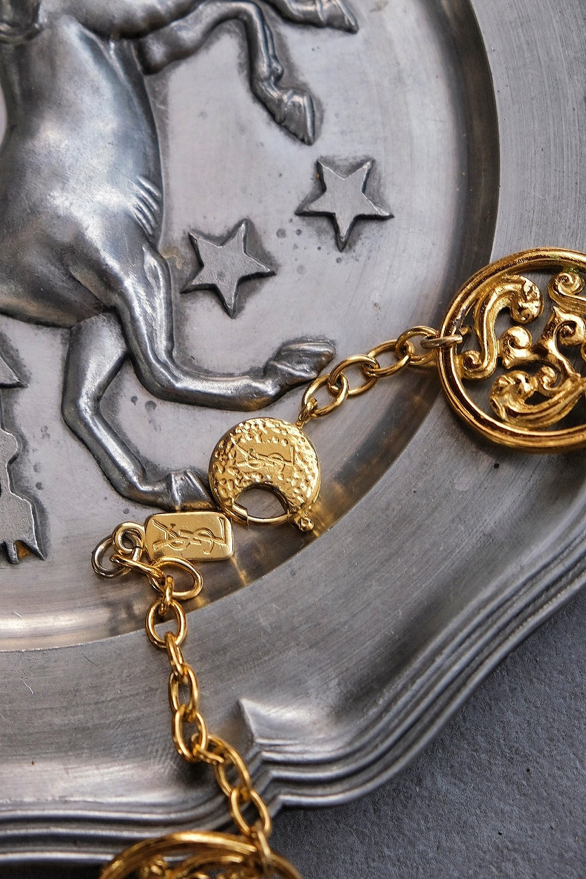Yves Saint Laurent YSL vintage gold coin feather chain necklace