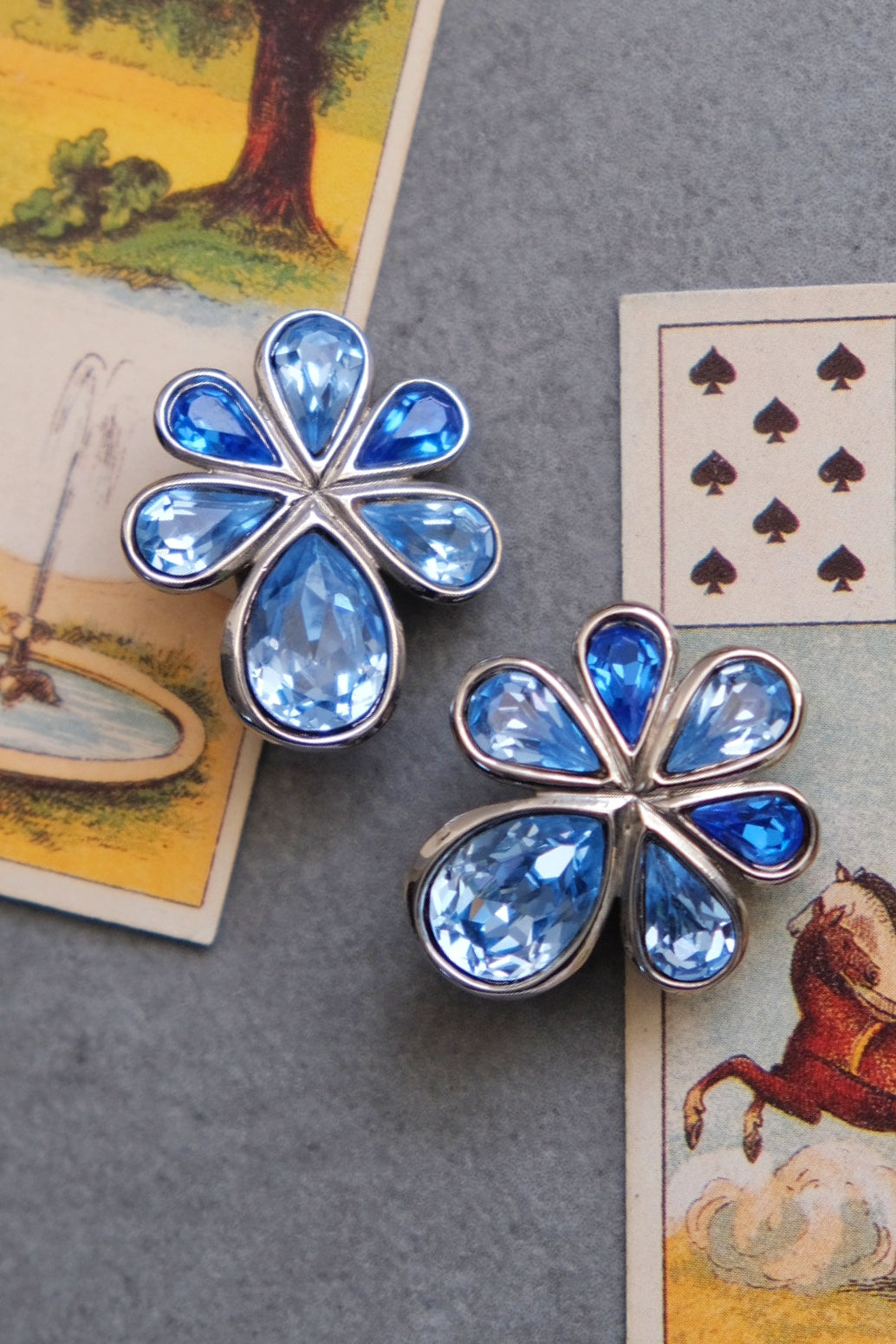 Yves Saint Laurent YSL vintage blue crystal flower Earclips