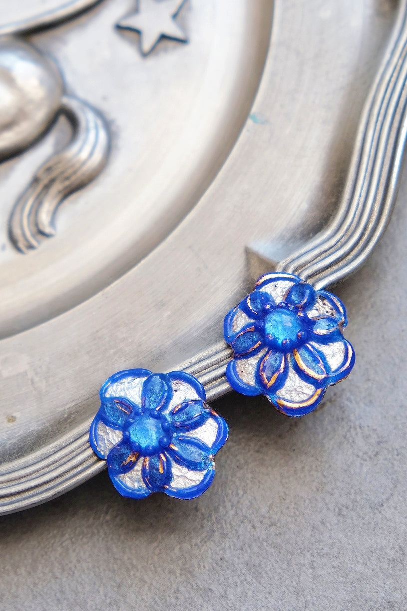 ANDREÉ BAZOT Navy Blue Silver Foil Limoges Enamel French Vintage Earclips