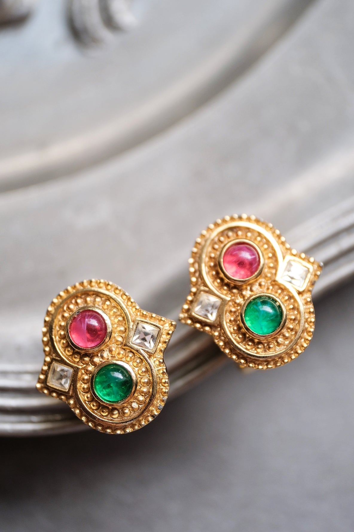 Christian Dior Imitation Emerald and Ruby earclips vintage earrings