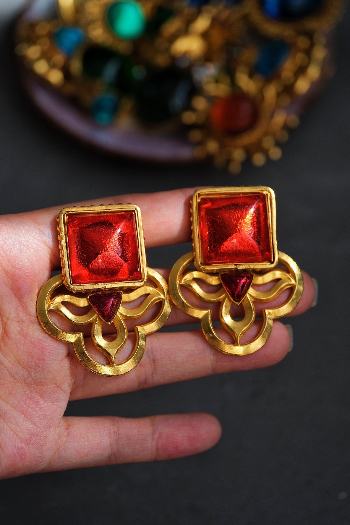 Philippe Ferrandis Vintage Red Glass Statement Ear Clips