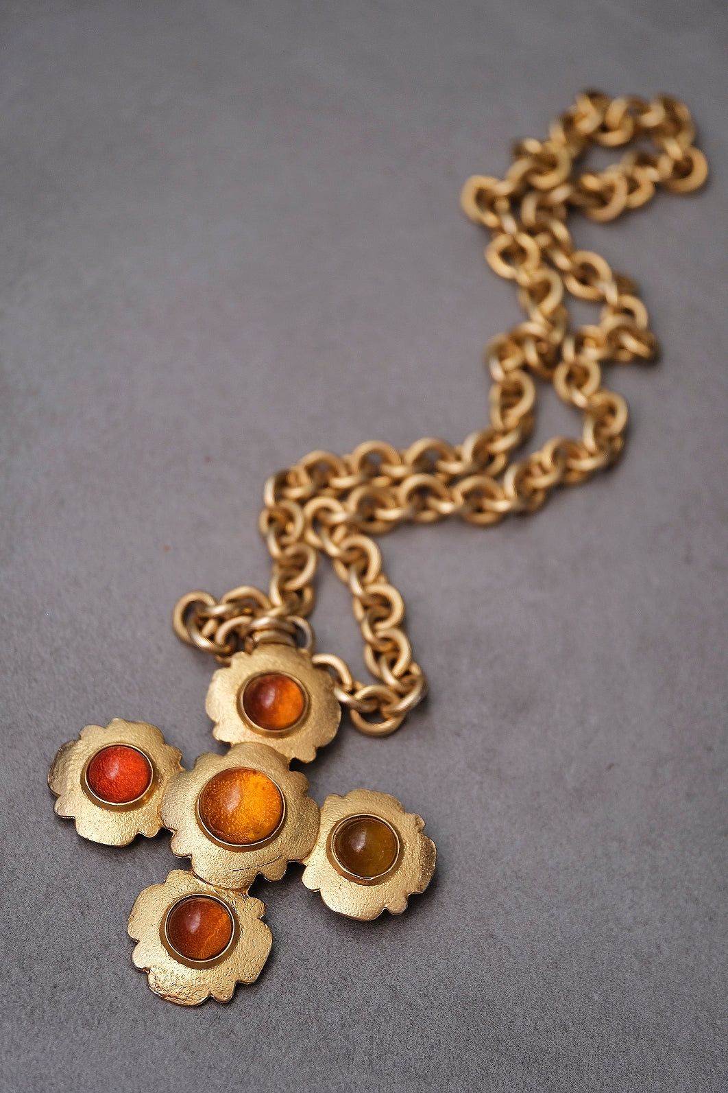 Les Bernard x Vogue Amber Cabochon Cross Pendant Vintage Statement Necklace